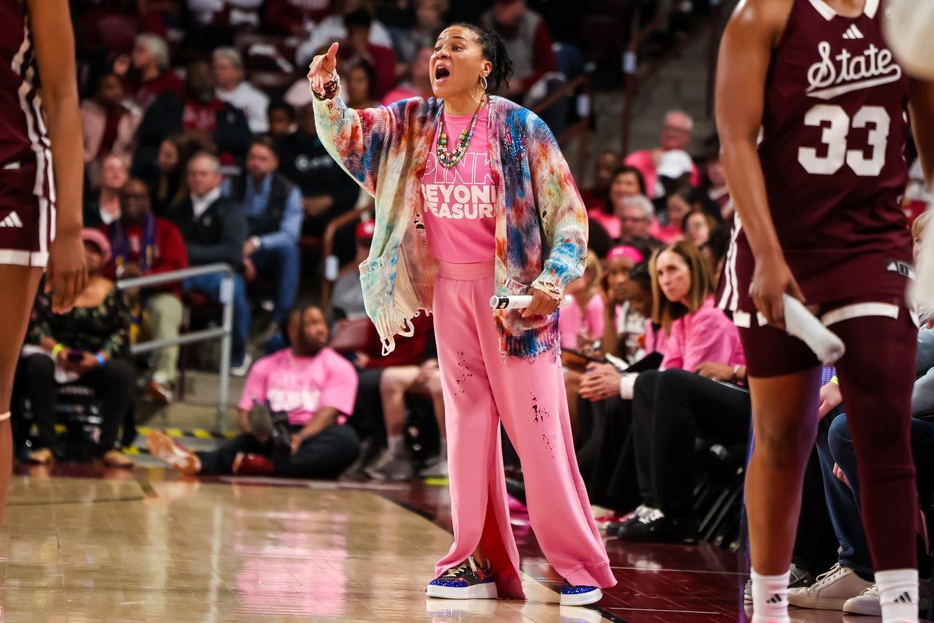 South Carolina Gamecocks head coach Dawn Staley directs her team against the Mississippi State Bulldogs in the second half at Colonial Life Arena.