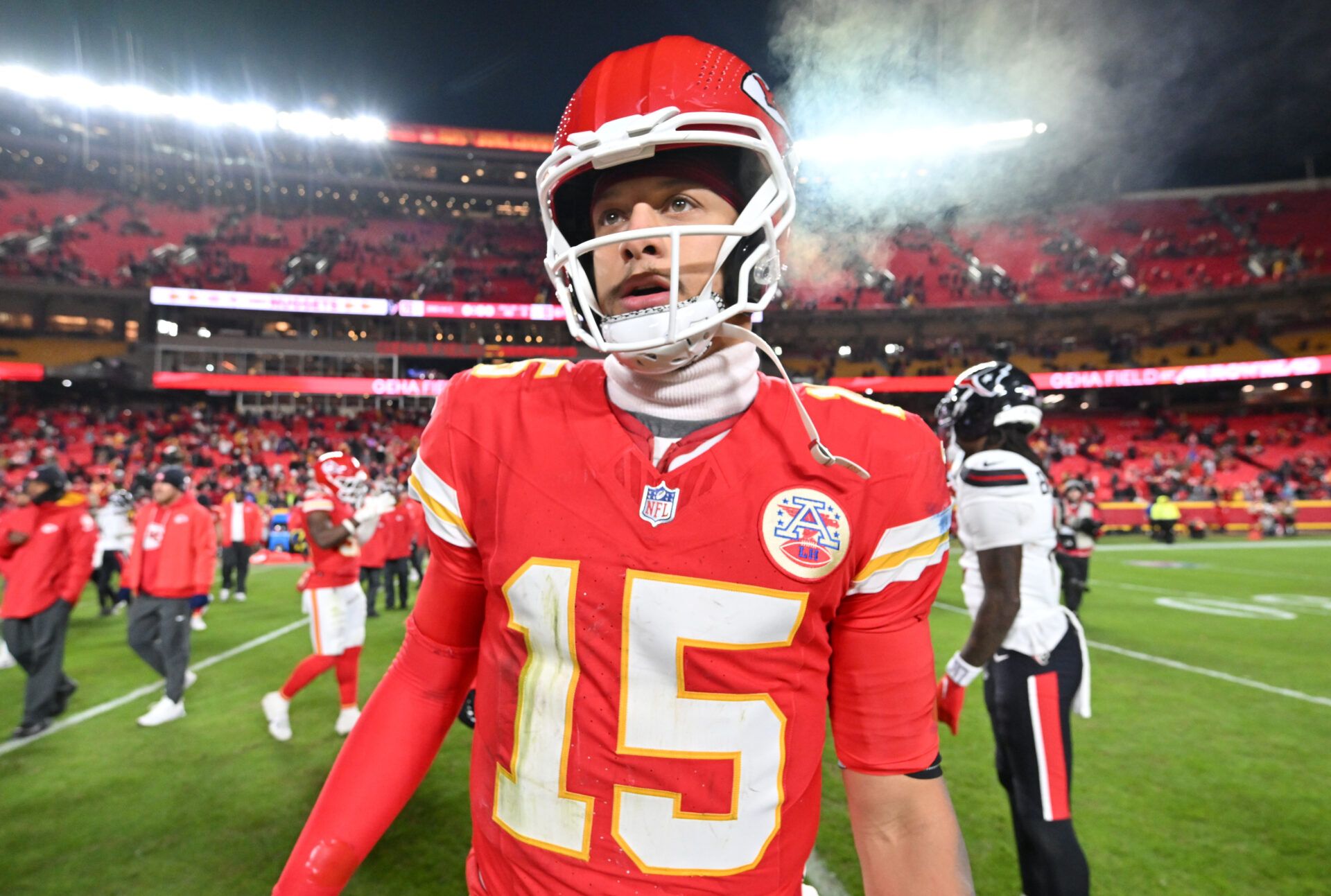 Kansas City Chiefs quarterback Patrick Mahomes (15) walks off the field after the game against the Houston Texans at GEHA Field at Arrowhead Stadium.