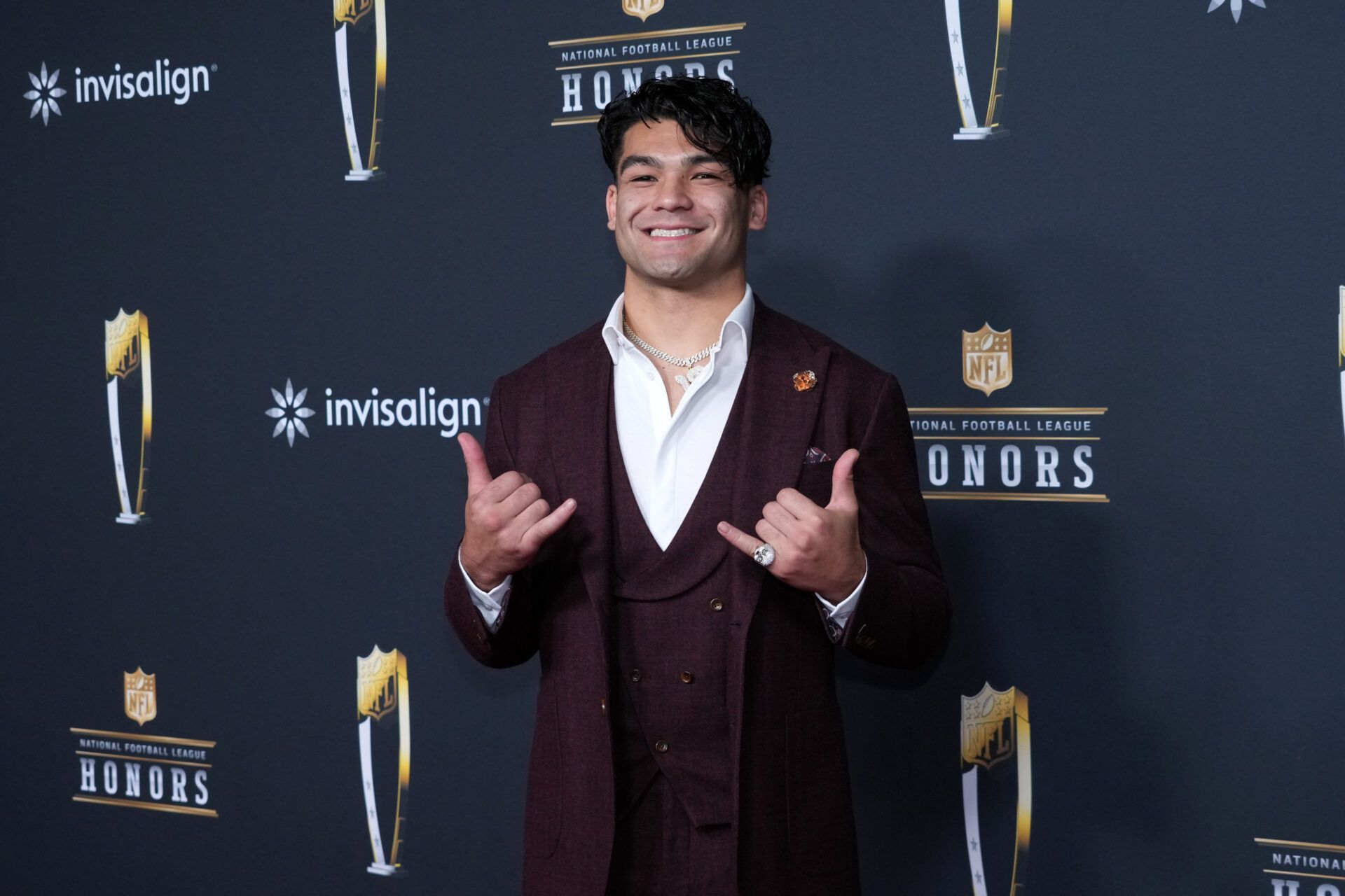 Los Angeles Rams receiver Puka Nacua poses on the NFL Honors Red Carpet before Super Bowl LX at Palace of Fine Arts.