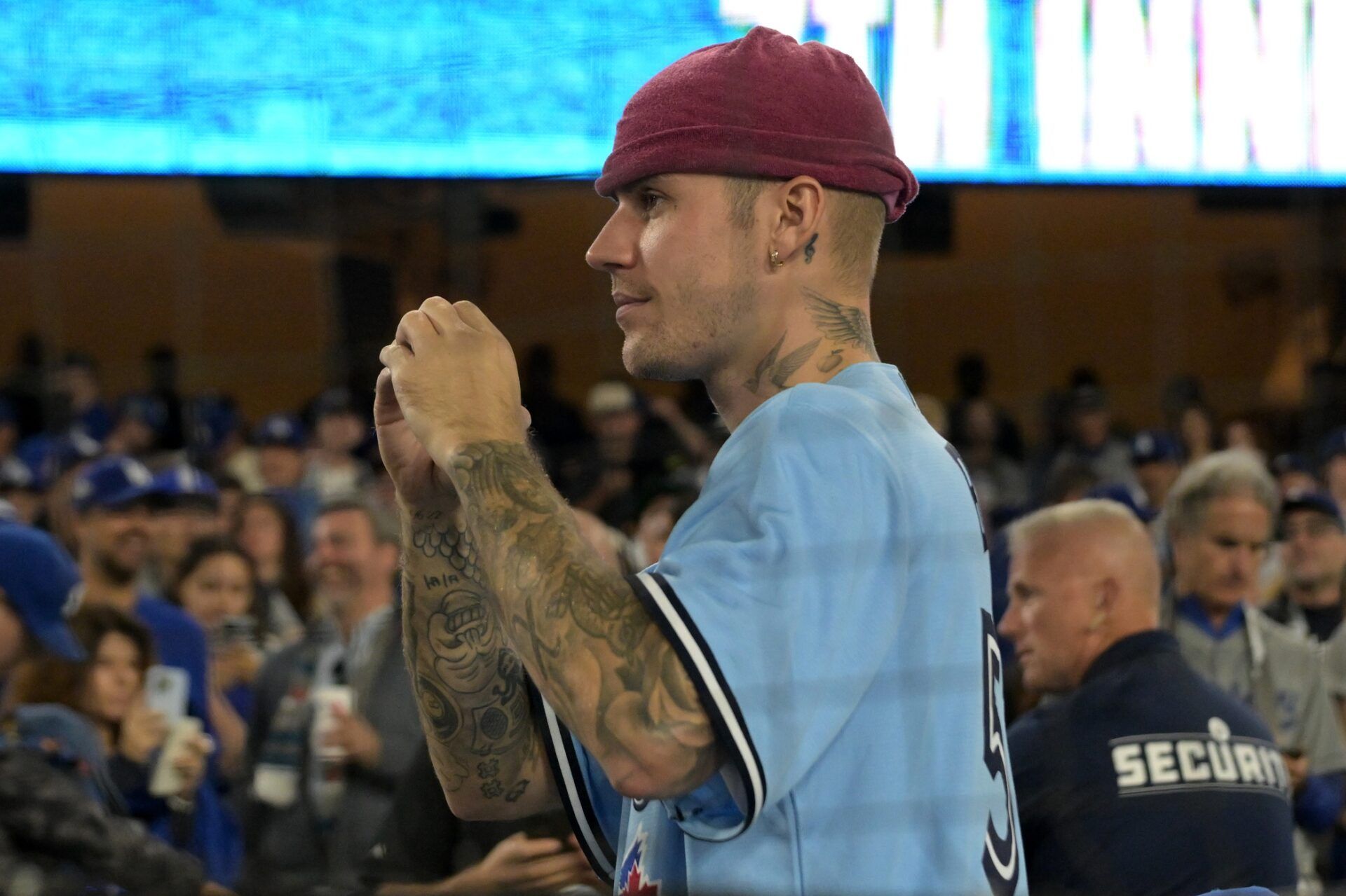Recording artist Justin Bieber looks on during game three of the 2025 MLB World Series between the Toronto Blue Jays and the Los Angeles Dodgers at Dodger Stadium.