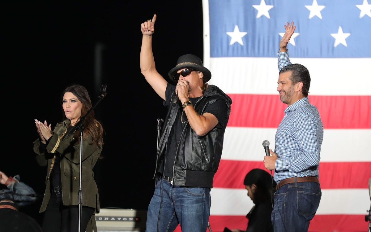 Kimberly Guilfoyle, kid Rock and Donald Trump Jr. at a rally in Harrison Township on Monday, Sept. 14, 2020.