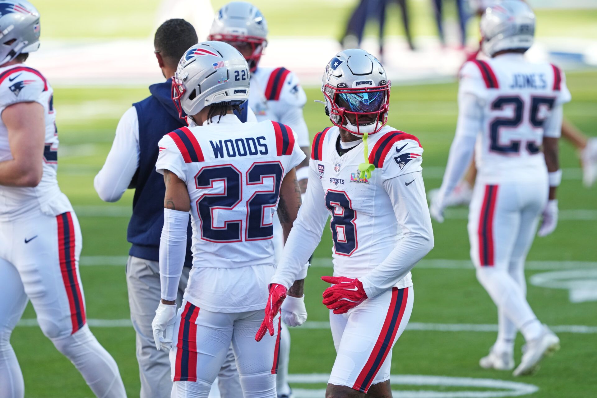 New England Patriots wide receiver Stefon Diggs (8) warms up before the game against the Seattle Seahawks in Super Bowl LX at Levi's Stadium.