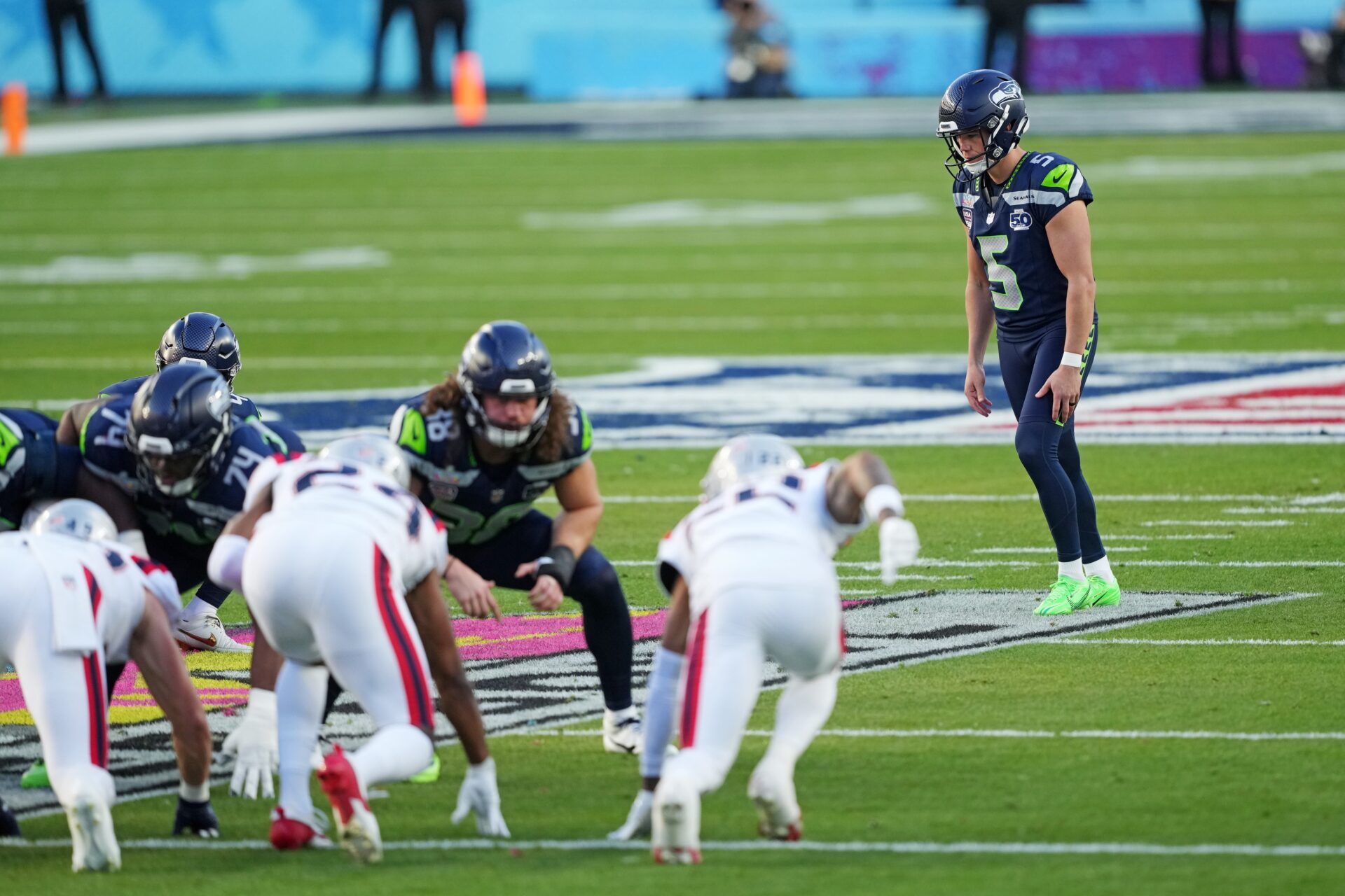 Seattle Seahawks place kicker Jason Myers (5) prepares to kick a field goal during the second quarter against the New England Patriots in Super Bowl LX at Levi's Stadium.