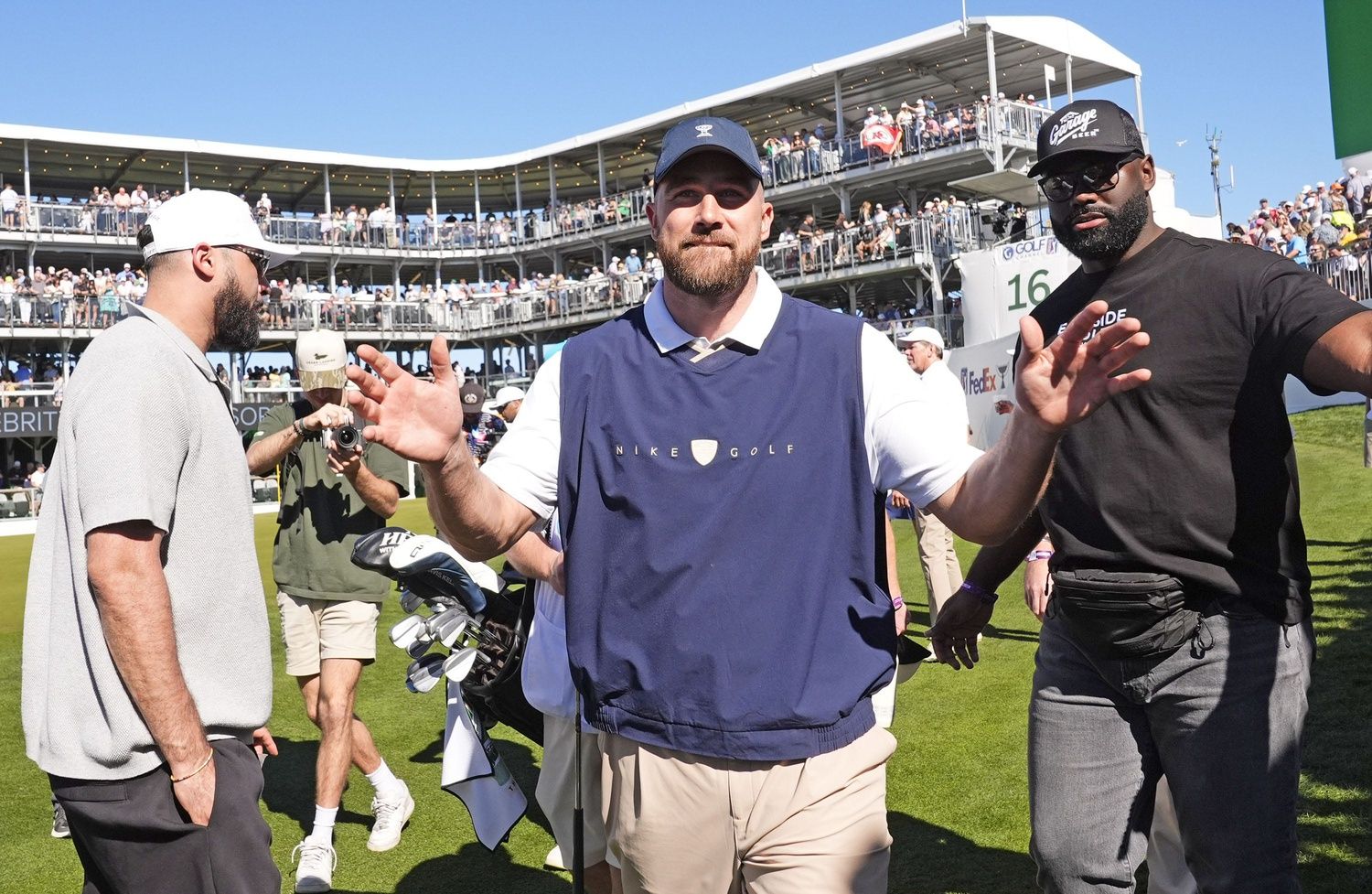 Kansas City Chiefs star Travis Kelce reacts after making a birdie on the 16th hole during the Annexus Pro-Am at the WM Phoenix Open on Feb. 4, 2026, at TPC Scottsdale.