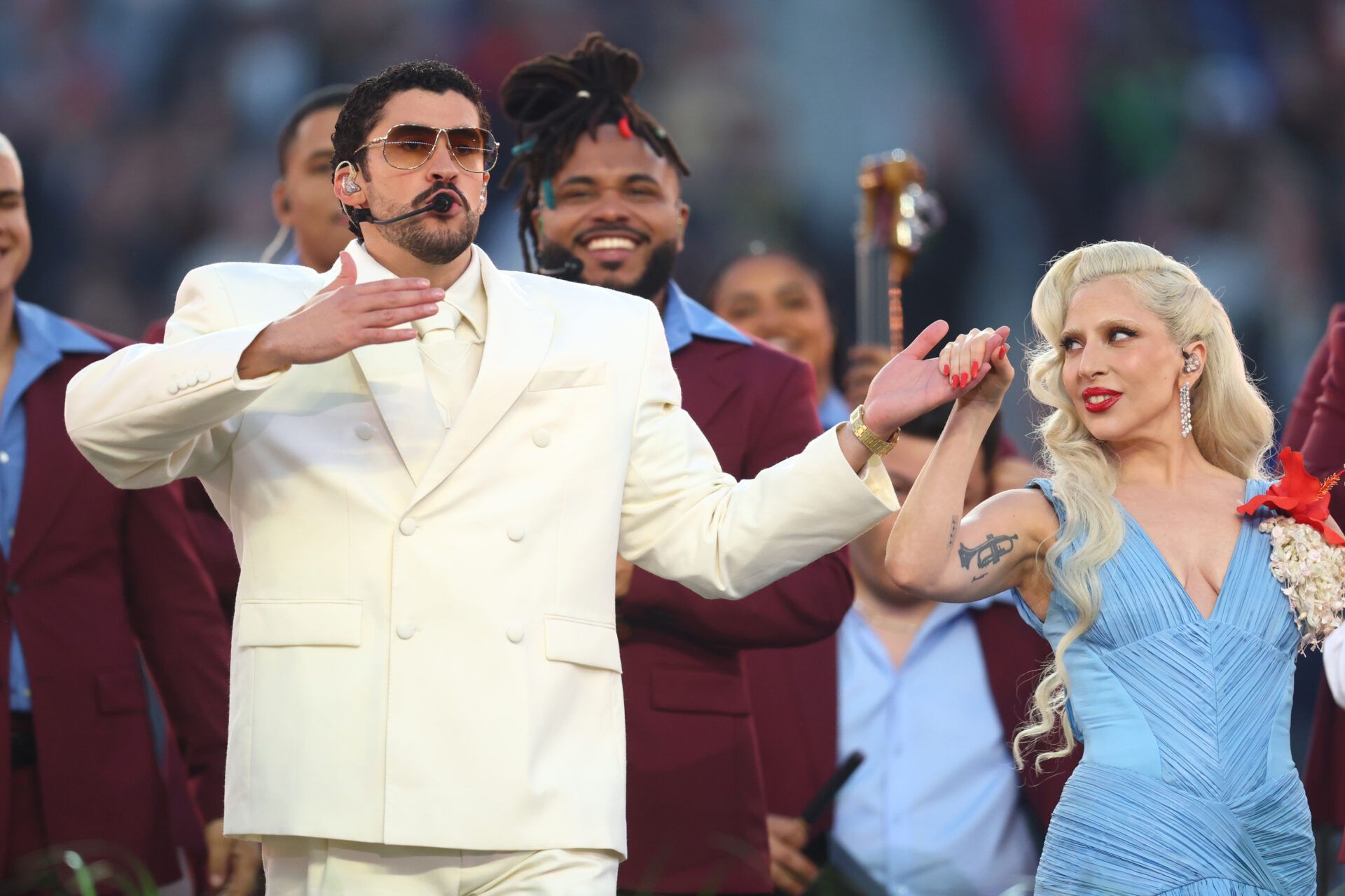 Bad Bunny and Lady Gaga perform the halftime show in Super Bowl LX between the Seattle Seahawks and the New England Patriots at Levi's Stadium.