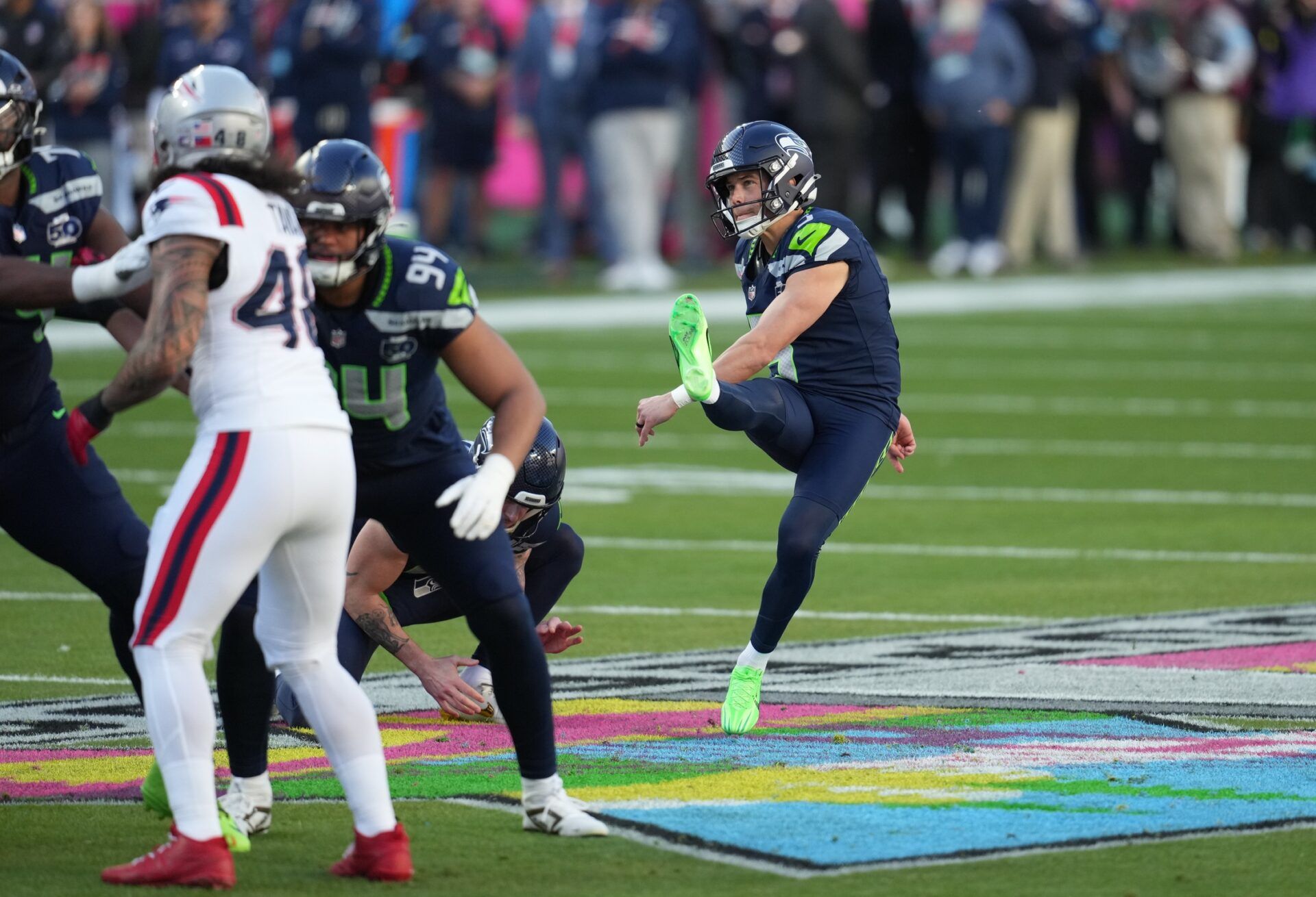 Seattle Seahawks place kicker Jason Myers (5) kicks a field goal against the New England Patriots in the first half in Super Bowl LX at Levi's Stadium.