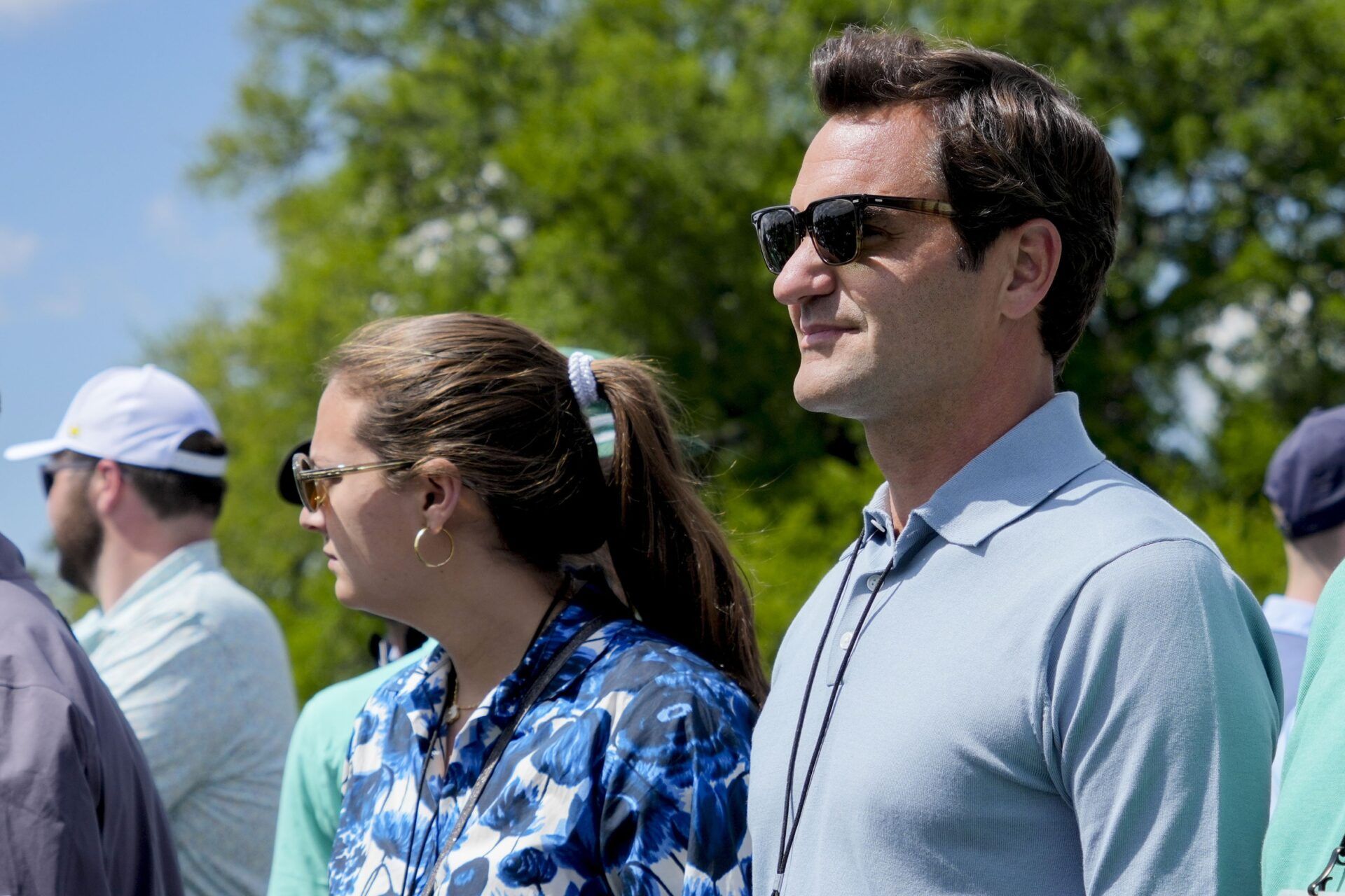Roger Federer watches the action at the no. 10 tee during the third round of the Masters Tournament at Augusta National Golf Club.