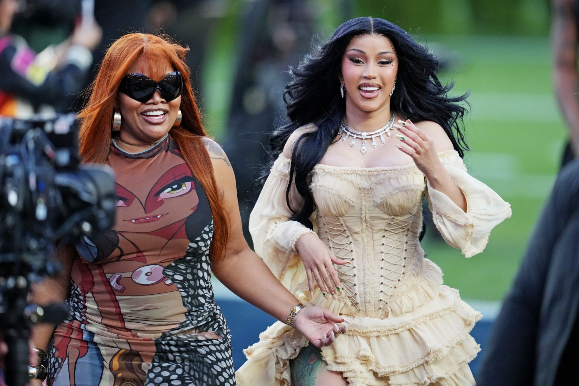Cardi B arrives for the half time show at the game between New England Patriots and Seattle Seahawks in Super Bowl LX at Levi's Stadium.