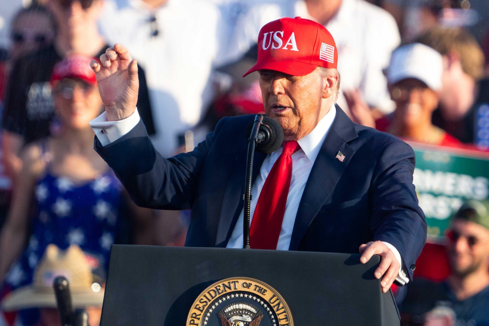 President Donald Trump speaks during the American 250 kickoff event on July 3, 2025, at the Iowa State Fairgrounds. © Cody Scanlan/The Register / USA TODAY NETWORK via Imagn Images