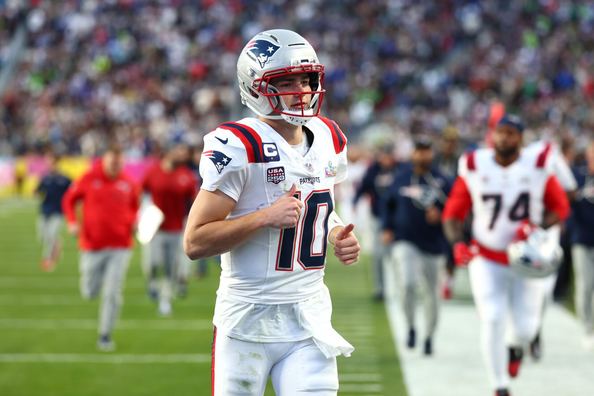 New England Patriots quarterback Drake Maye (10) leaves the field at halftime against the Seattle Seahawks in Super Bowl LX at Levi's Stadium.