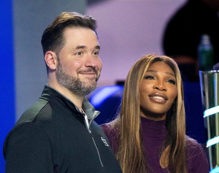 Serena Williams and her husband, Reddit co-founder Alexis Ohanian, co-own the Los Angeles Golf Club, and watch their team play against Boston Common Golf during a TGL match at the SoFi Center on February 4, 2025, in Palm Beach Gardens, Florida.