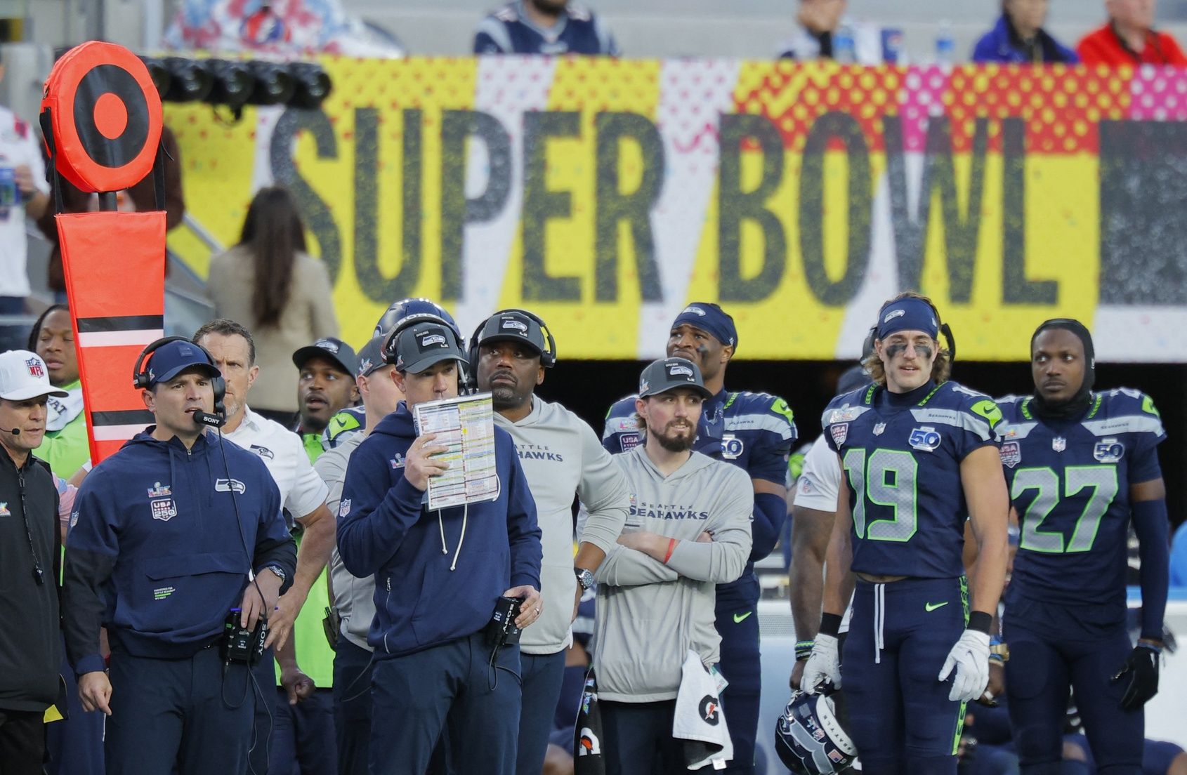 [US, Mexico & Canada customers only]  Feb 8, 2026; Santa Clara, CA, USA;  Seattle Seahawks head coach Mike MacDonald on the sideline against the New England Patriots during Super Bowl LX at Levi's Stadium.