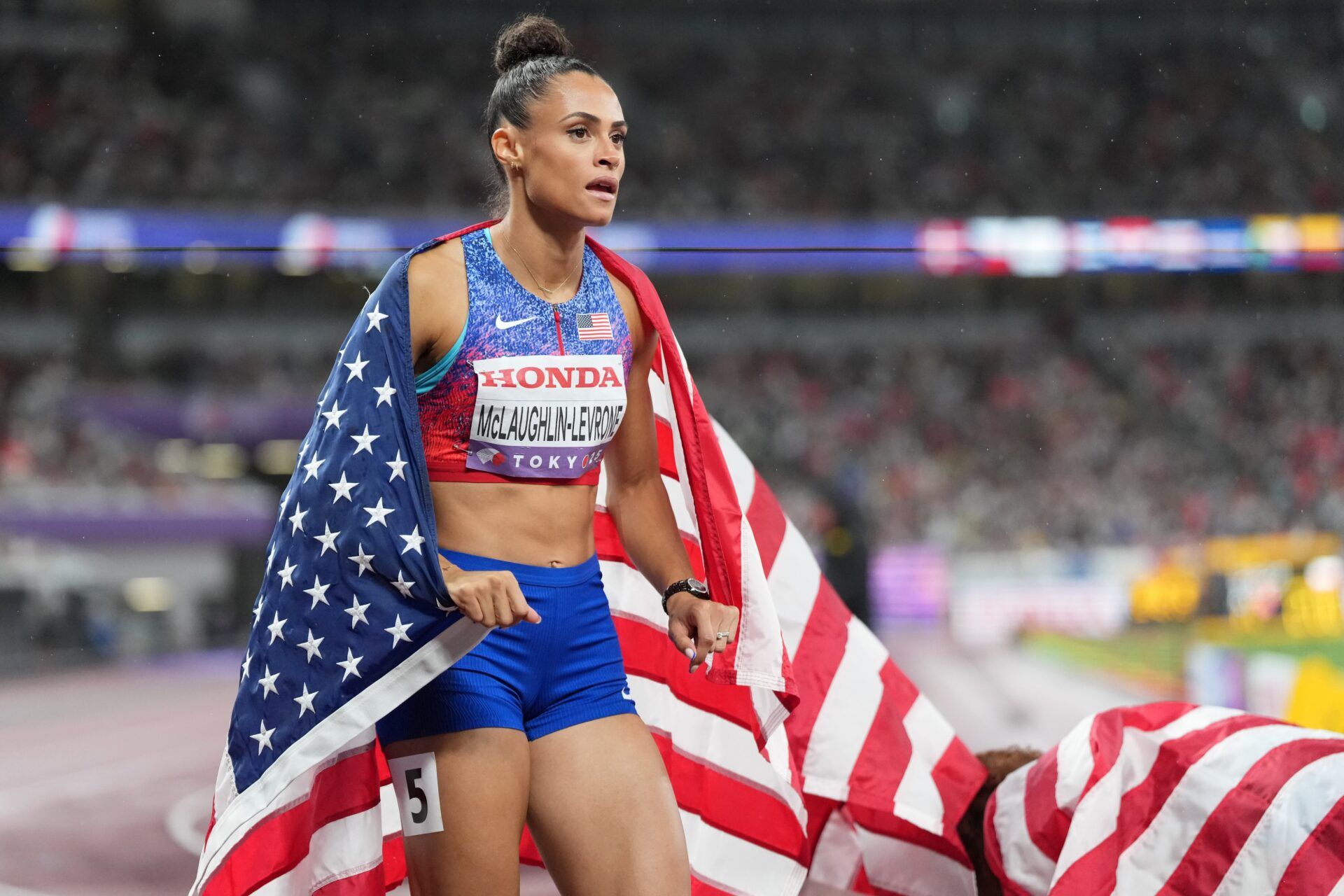 Sydney Mclaughlin-Levrone (USA) after winning gold in the womens 4x400m relay final at National Stadium.