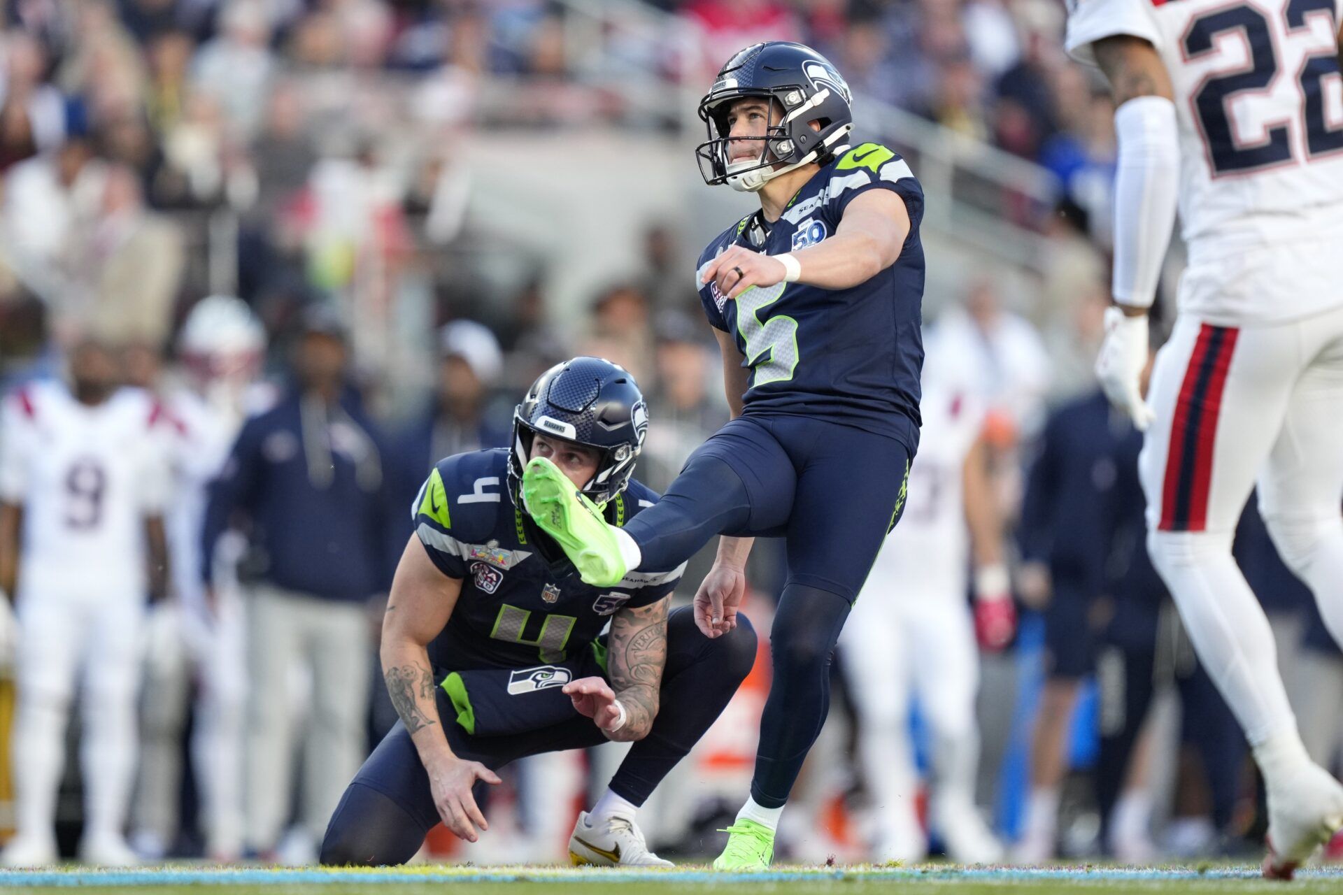 Seattle Seahawks place kicker Jason Myers (5) kicks a field goal against the New England Patriots during the first quarter in Super Bowl LX at Levi's Stadium.