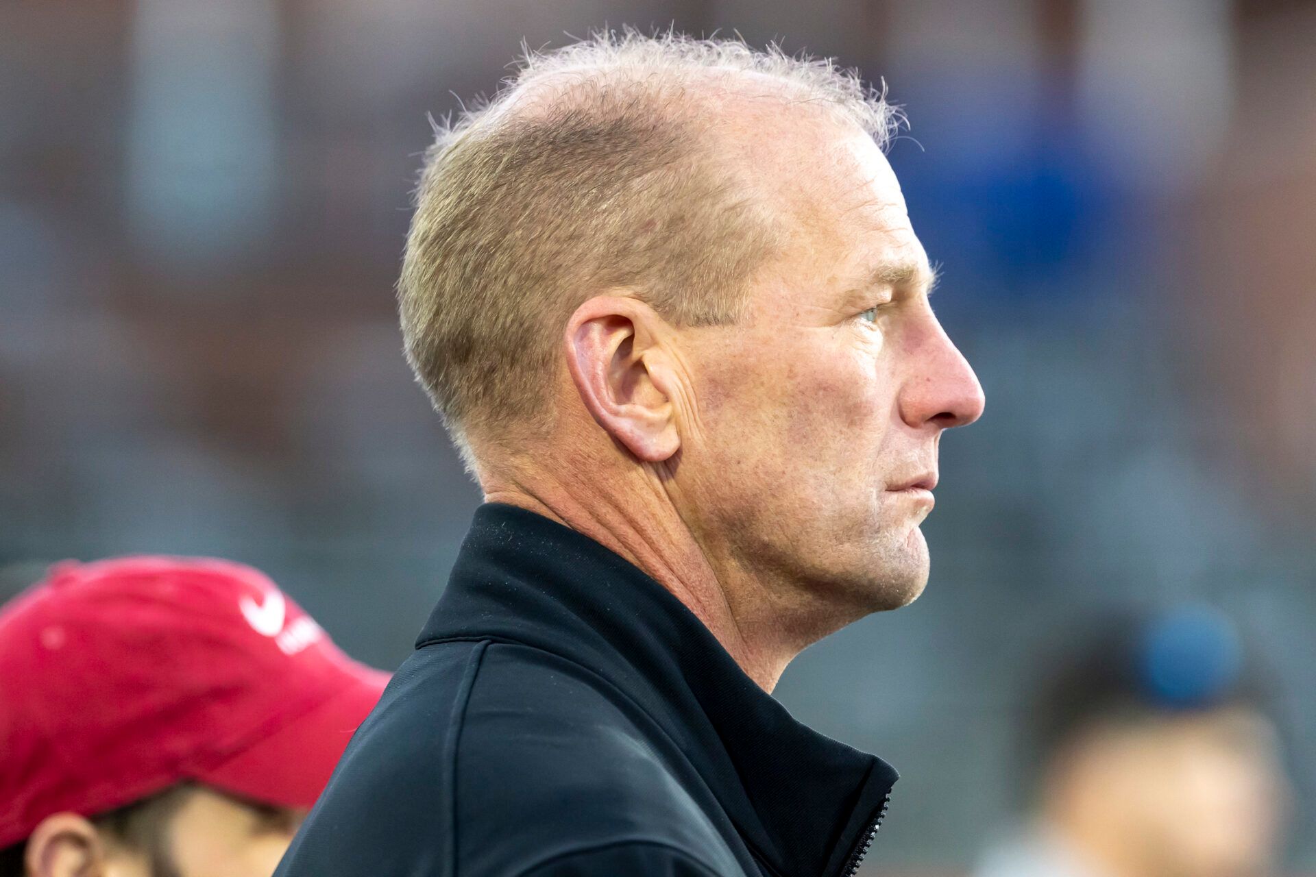 Alabama head football coach Kalen DeBoer watches on the field during American Senior Bowl practice at Hancock Whitney Stadium.