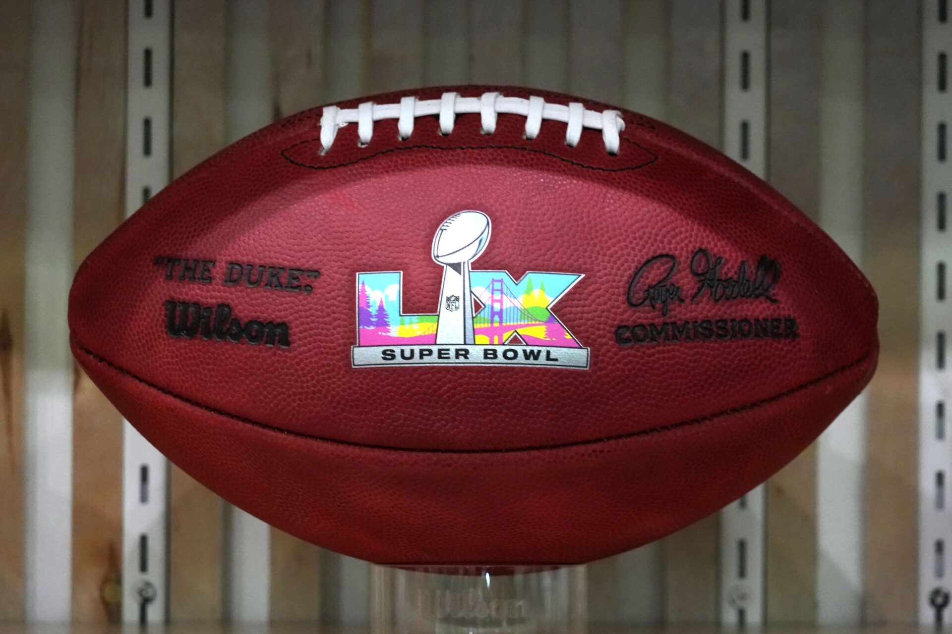 A Wilson Duke official football with the Super Bowl 60 logo at the Super Bowl LX Experience at the Moscone Center.