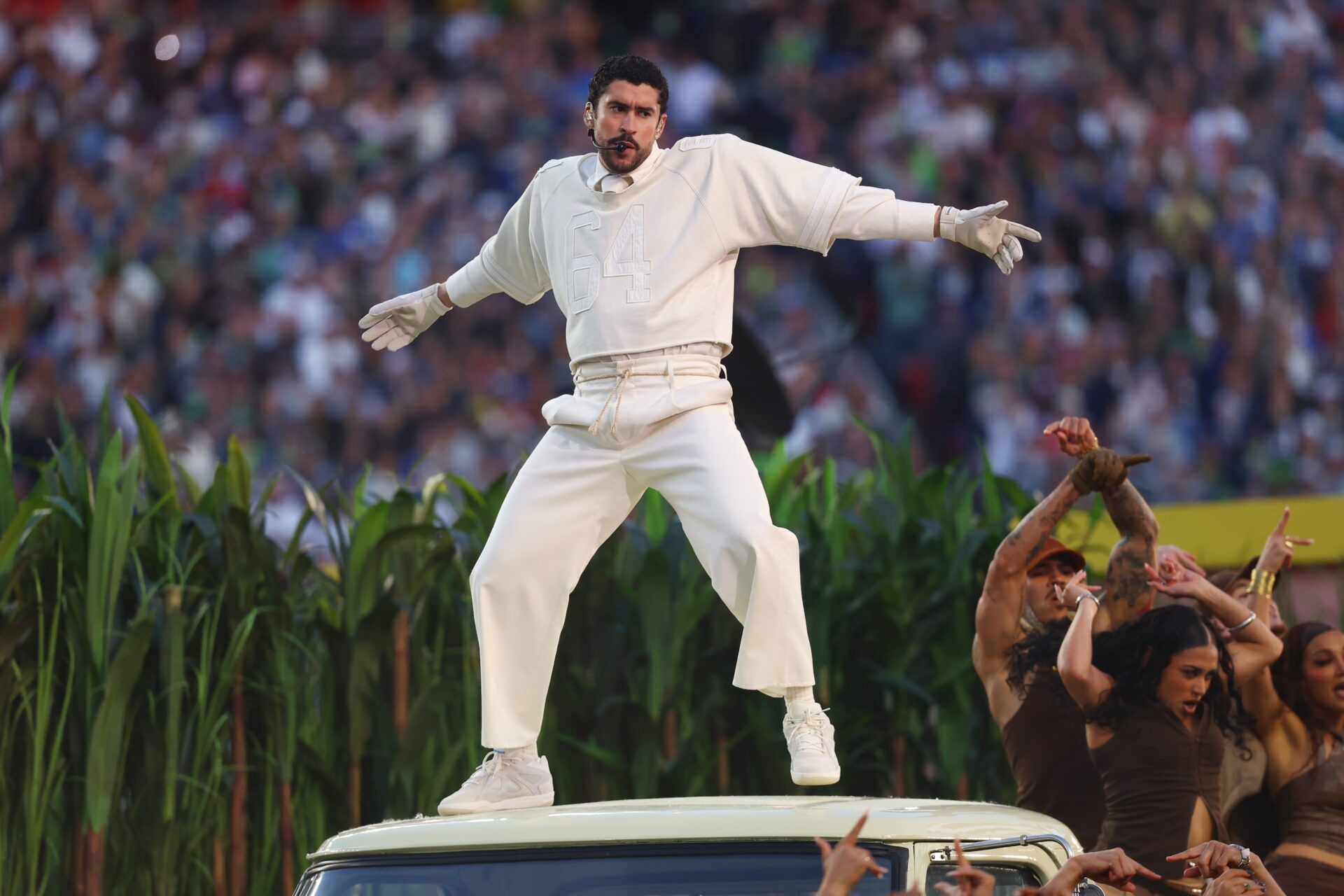 Bad Bunny performs the halftime show in Super Bowl LX between the Seattle Seahawks and the New England Patriots at Levi's Stadium.