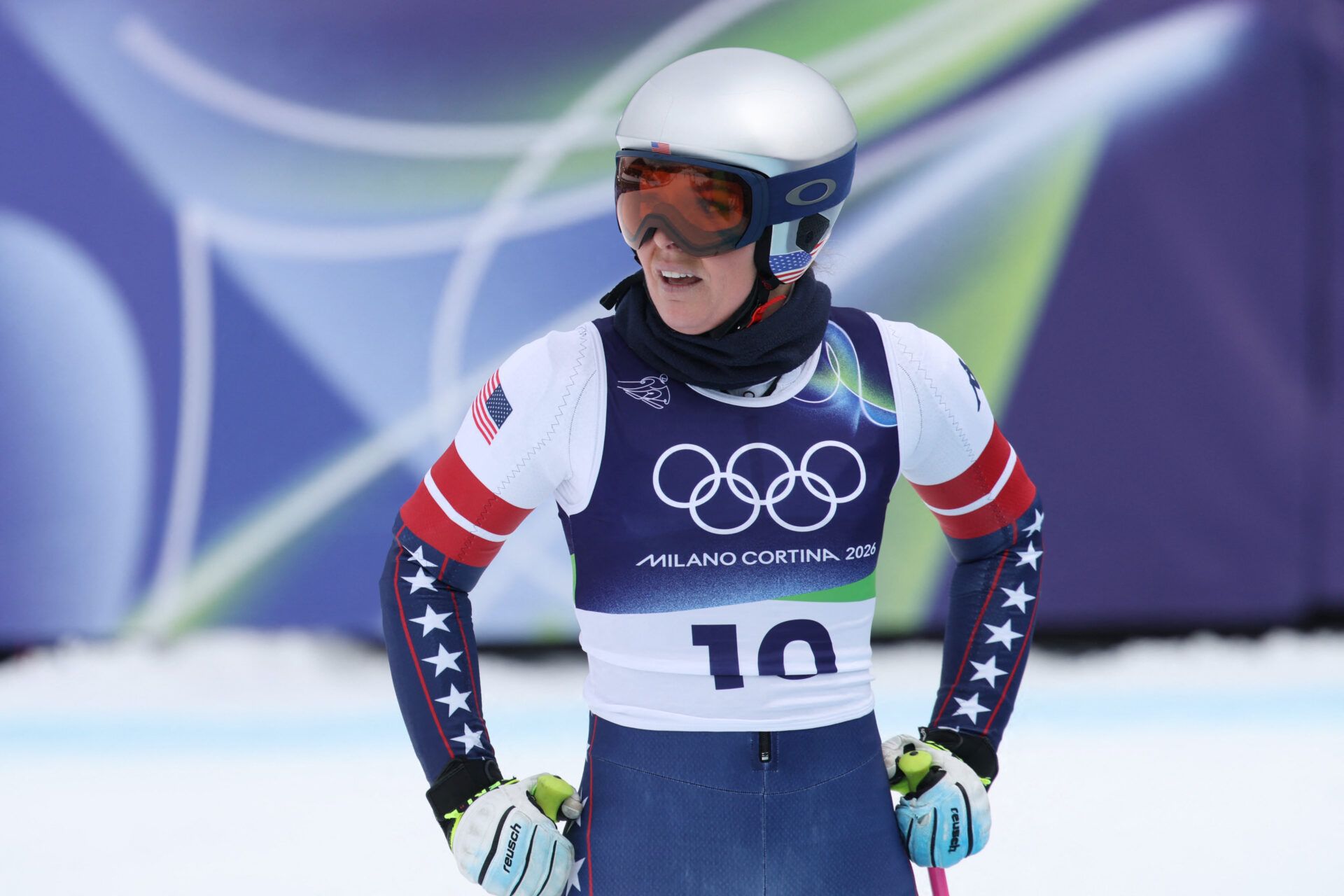 [US, Mexico & Canada customers only] Feb 6, 2026; Cortina d'Ampezzo, ITALY; Lindsey Vonn of the United States in the finish area during women's downhill training during the Milano Cortina 2026 Olympic Winter Games at the Tofane Alpine Skiing Centre.