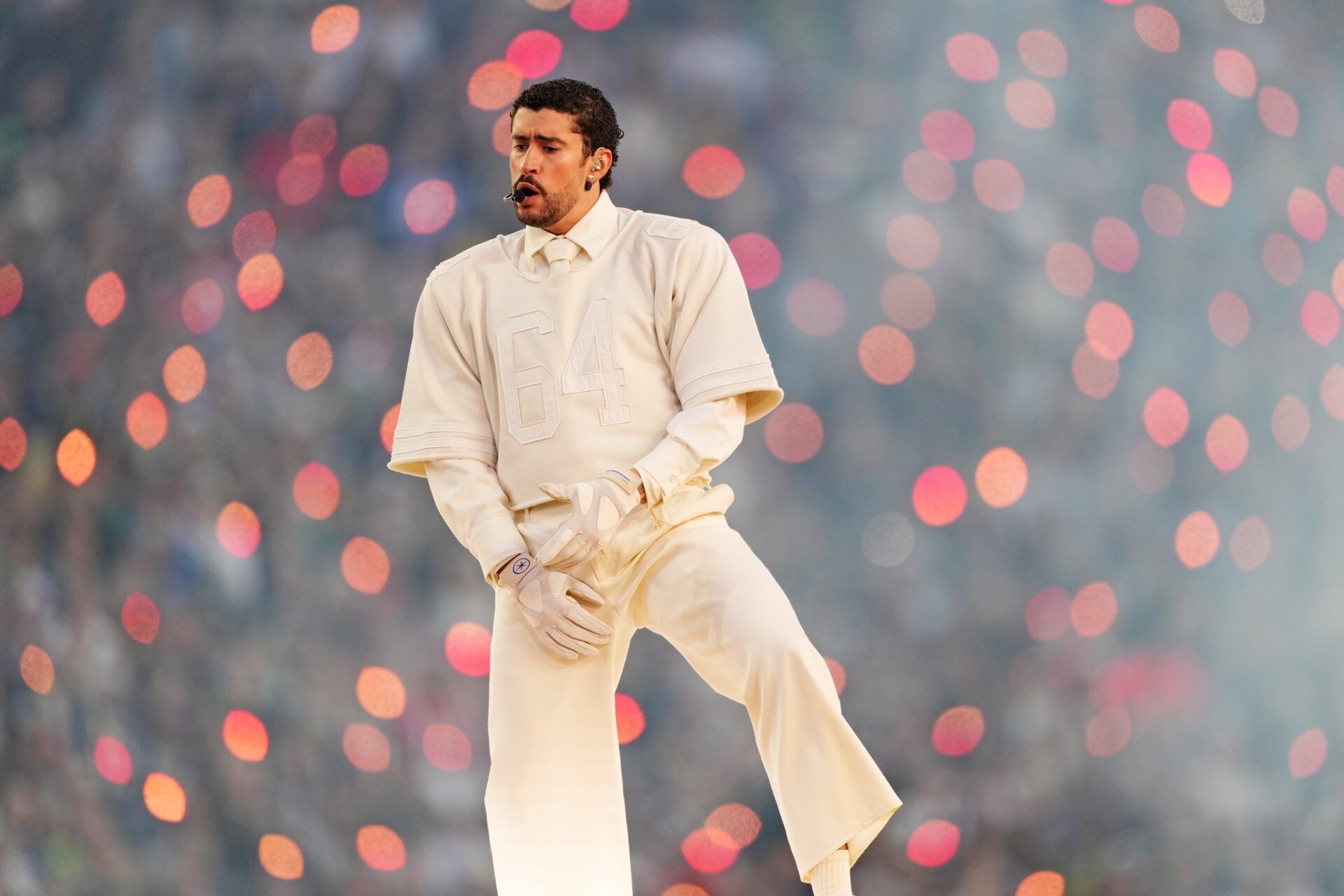 Bad Bunny performs during the half time show at the game between New England Patriots and Seattle Seahawks in Super Bowl LX at Levi's Stadium.
