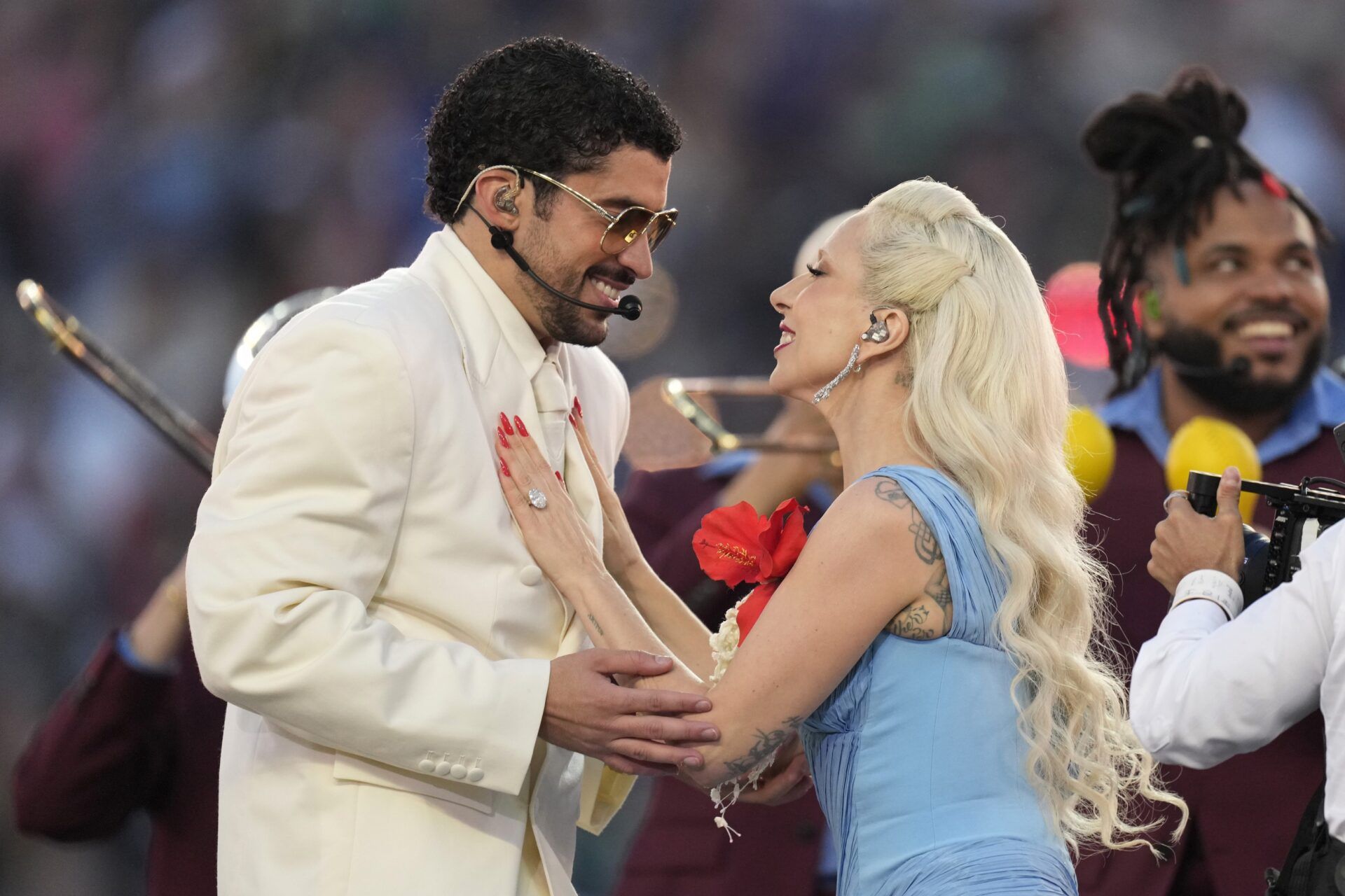 Lady Gaga and Bad Bunny perform during the halftime show in Super Bowl LX between the Seattle Seahawks and the New England Patriots at Levi's Stadium.