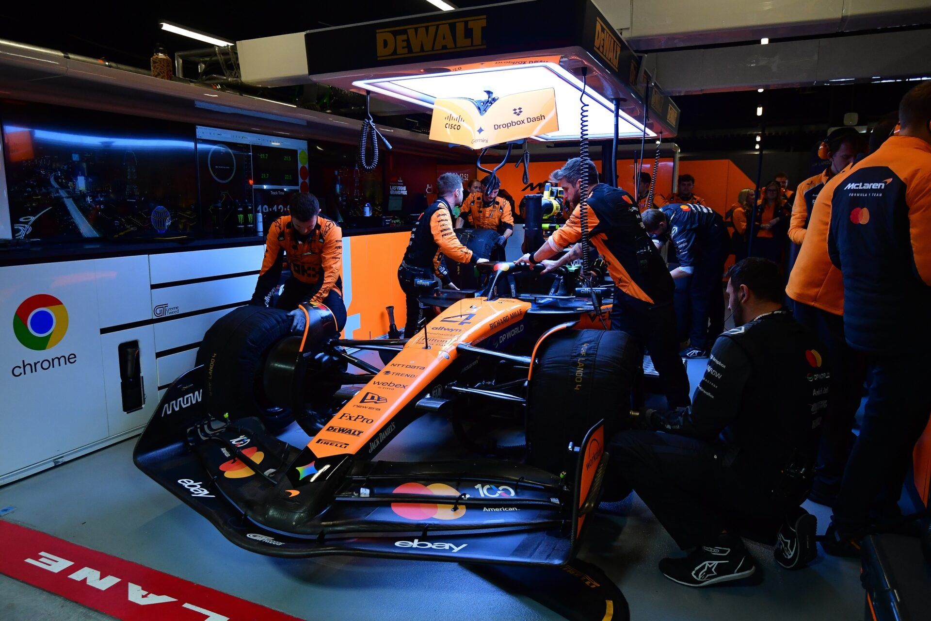 The car of McLaren driver Lando Norris (4) is prepped for the Las Vegas Grand Prix at Las Vegas Strip Circuit.