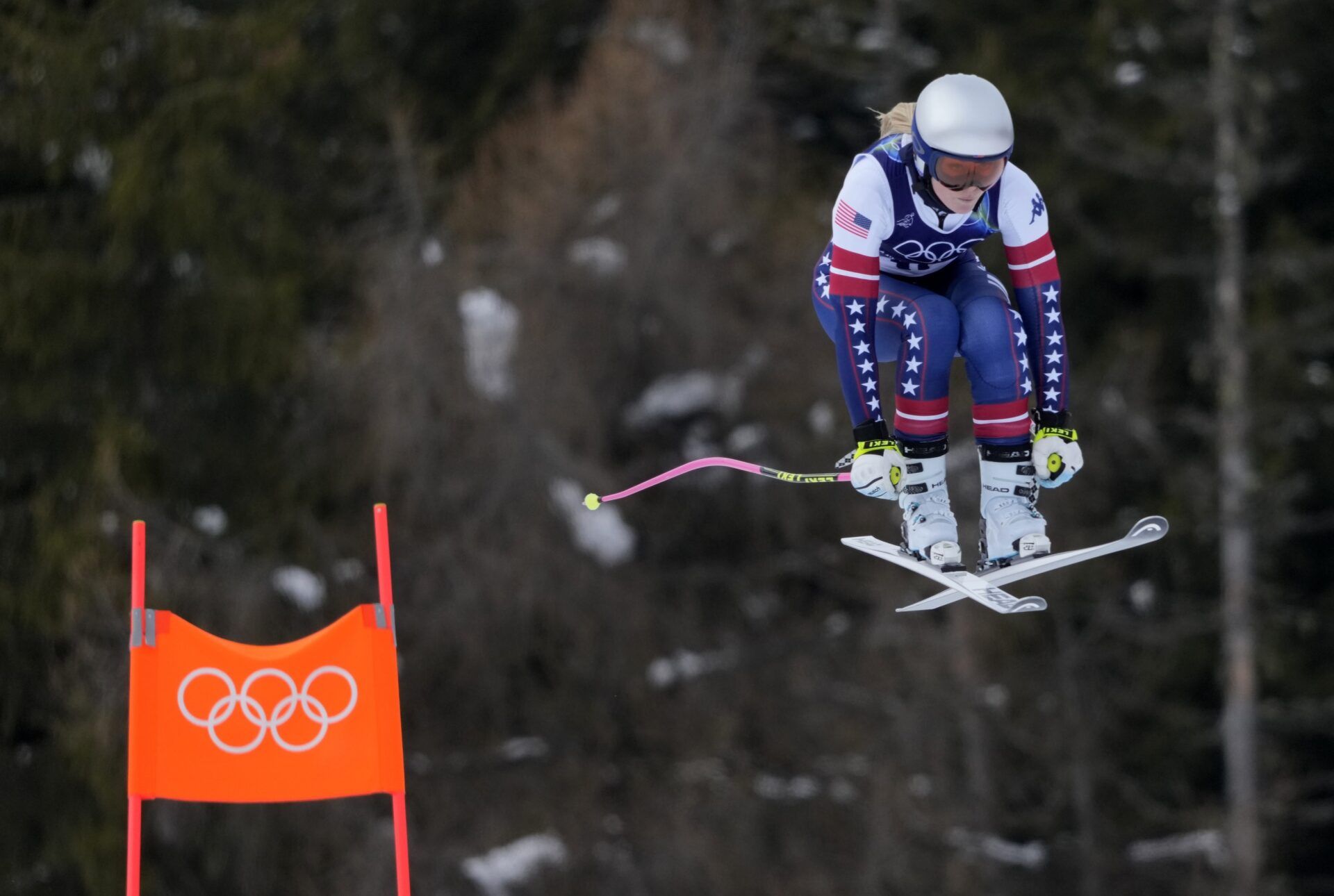 Lindsey Vonn of the United States in women's downhill training during the Milano Cortina 2026 Olympic Winter Games at Tofane Alpine Skiing Centre.