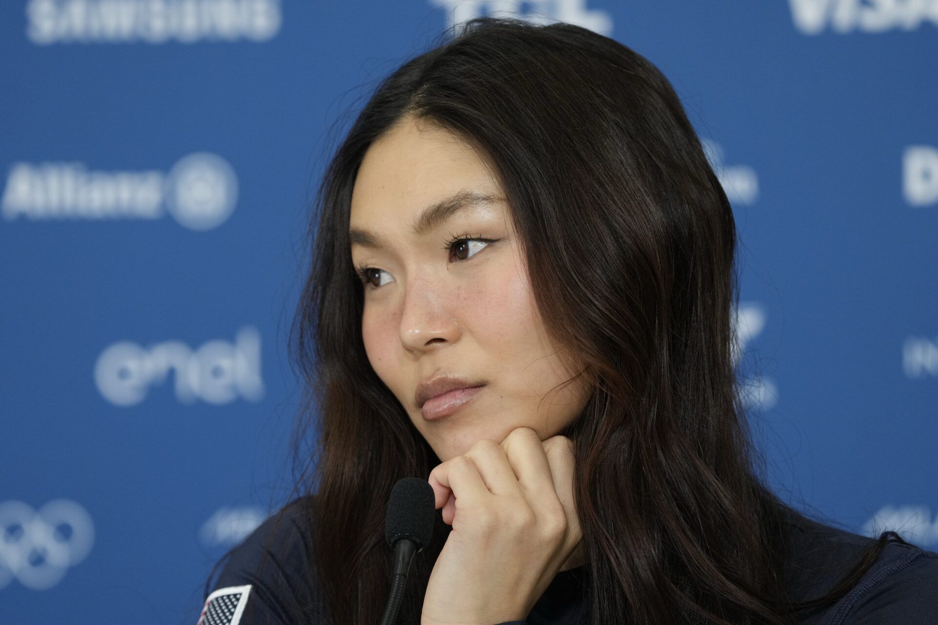 United States snowboarder Chloe Kim talks to the media during a press conference during the Milano Cortina 2026 Olympic Winter Games at Livigno Snow Park.
