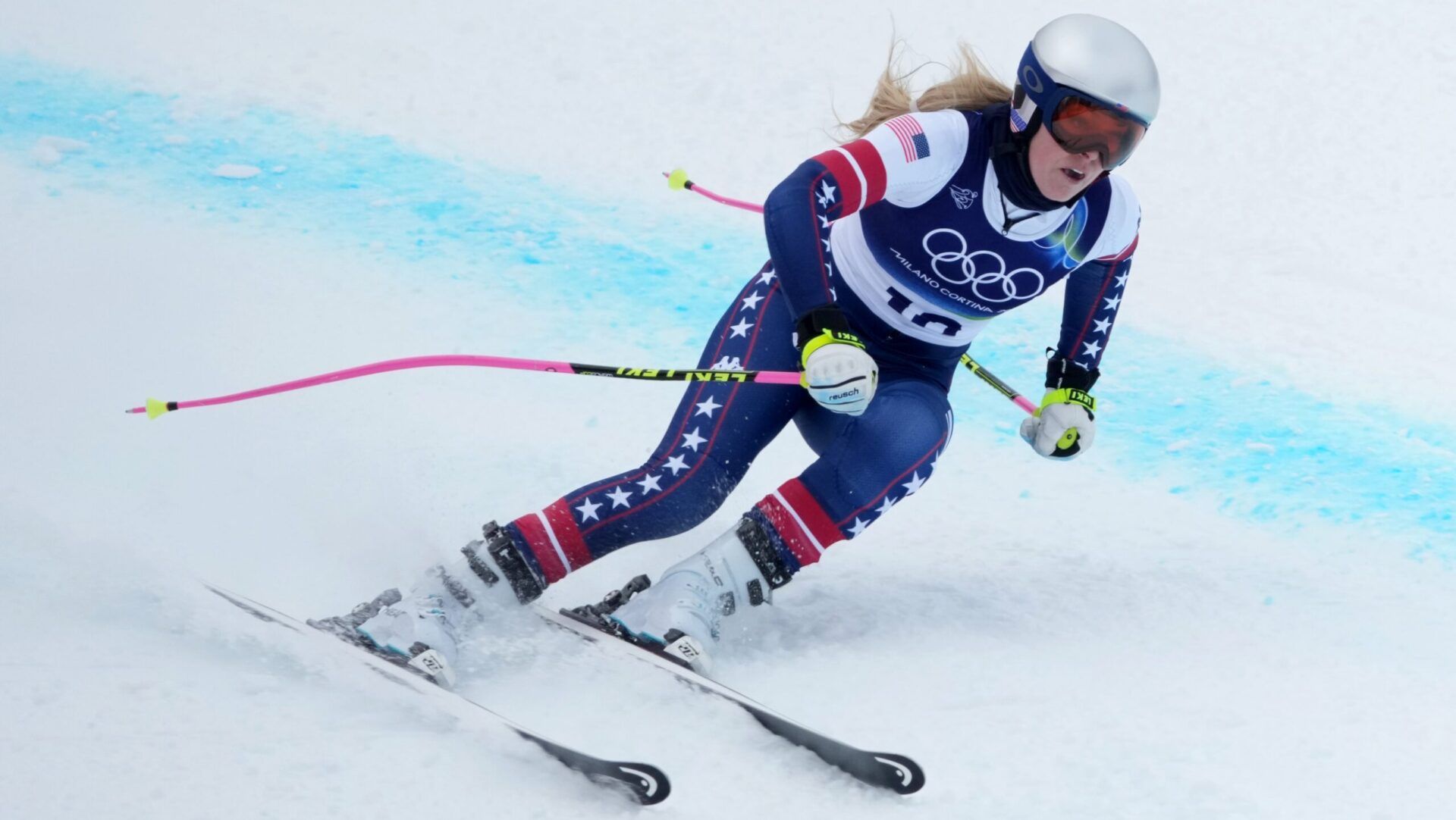 Lindsey Vonn of the United States in women's downhill training during the Milano Cortina 2026 Olympic Winter Games at Tofane Alpine Skiing Centre.