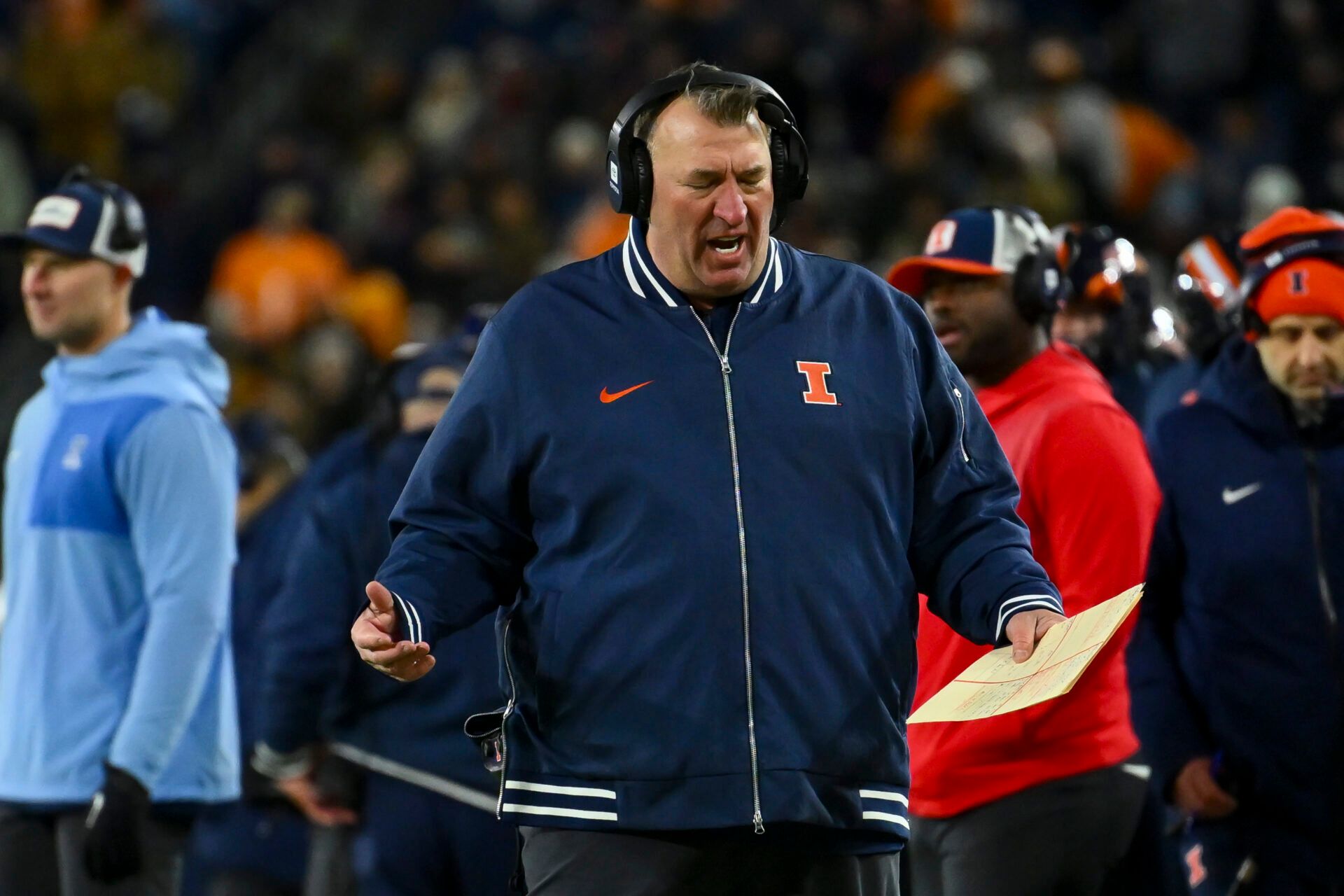 Illinois Fighting Illini head coach Bret Bielema yells against the Tennessee Volunteers during the second half at Nissan Stadium.