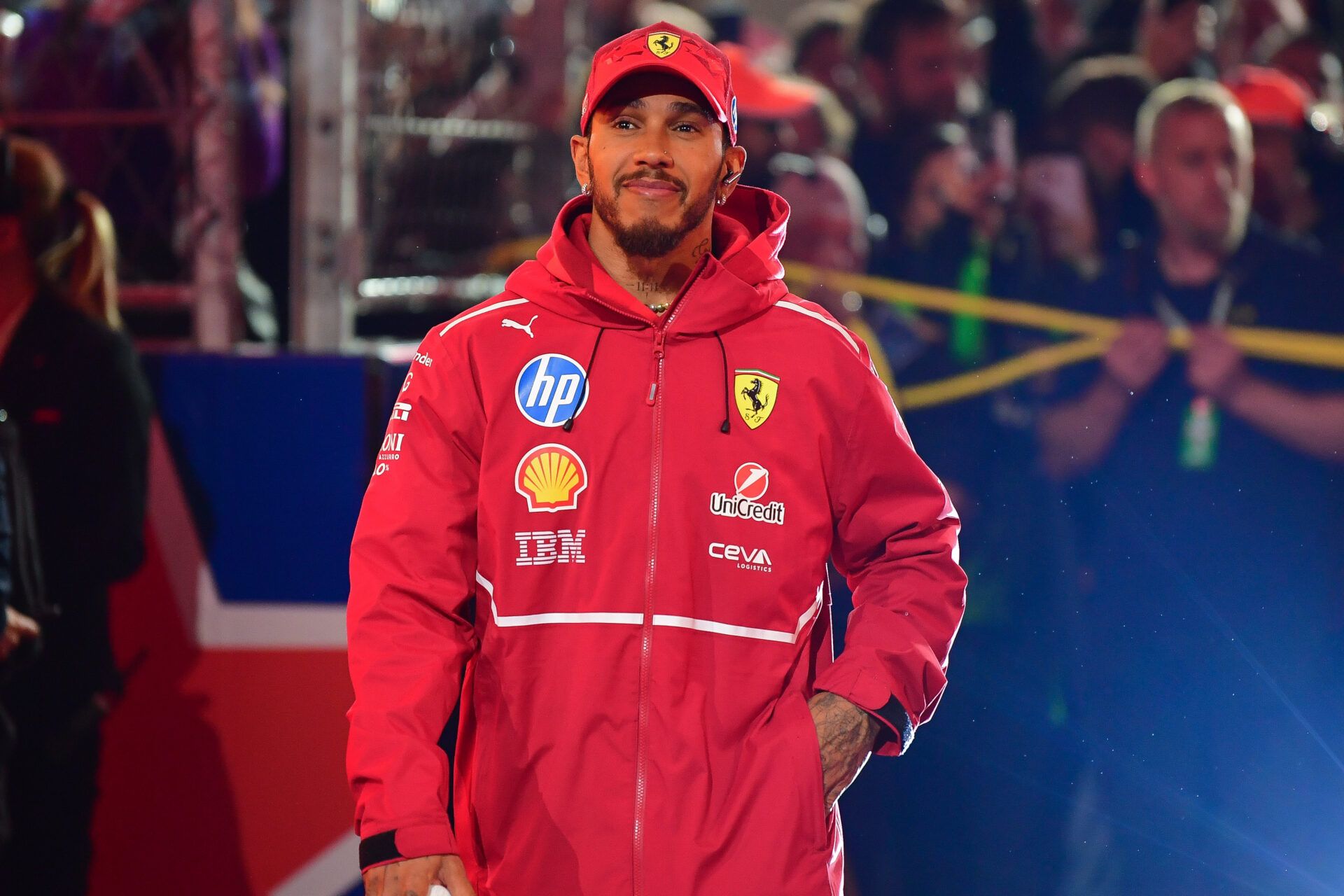 Ferrari driver Lewis Hamilton (44) is introduced before the Las Vegas Grand Prix at Las Vegas Strip Circuit.