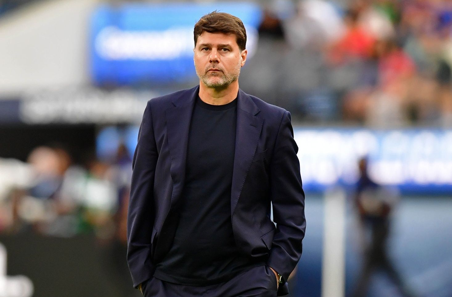 United States of America head coach Mauricio Pochettino walks off the field after the first half of a Concacaf Nations League semifinal match at SoFi Stadium.