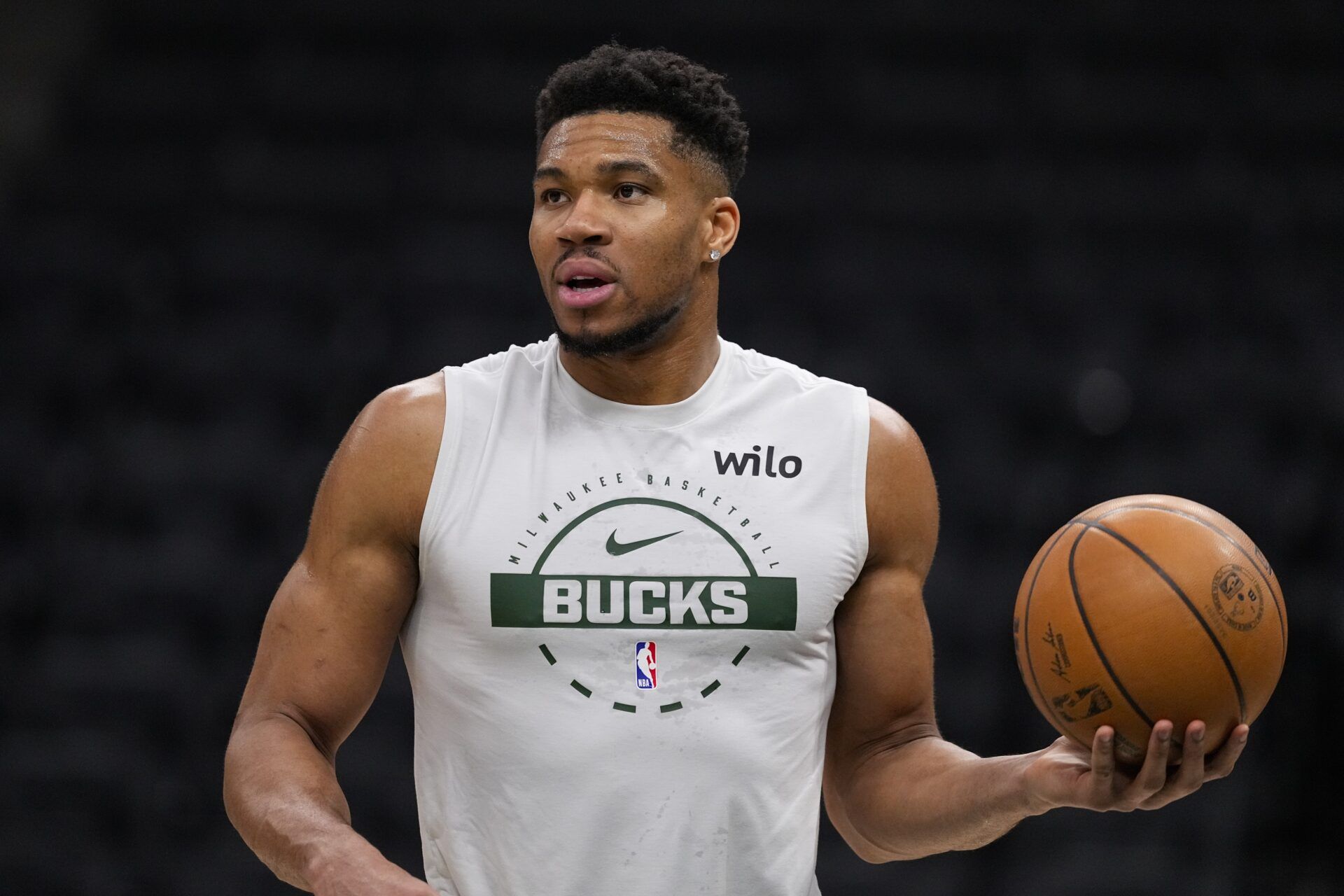 Milwaukee Bucks forward Giannis Antetokounmpo (34) during warmups prior to the game against the New Orleans Pelicans at Fiserv Forum.