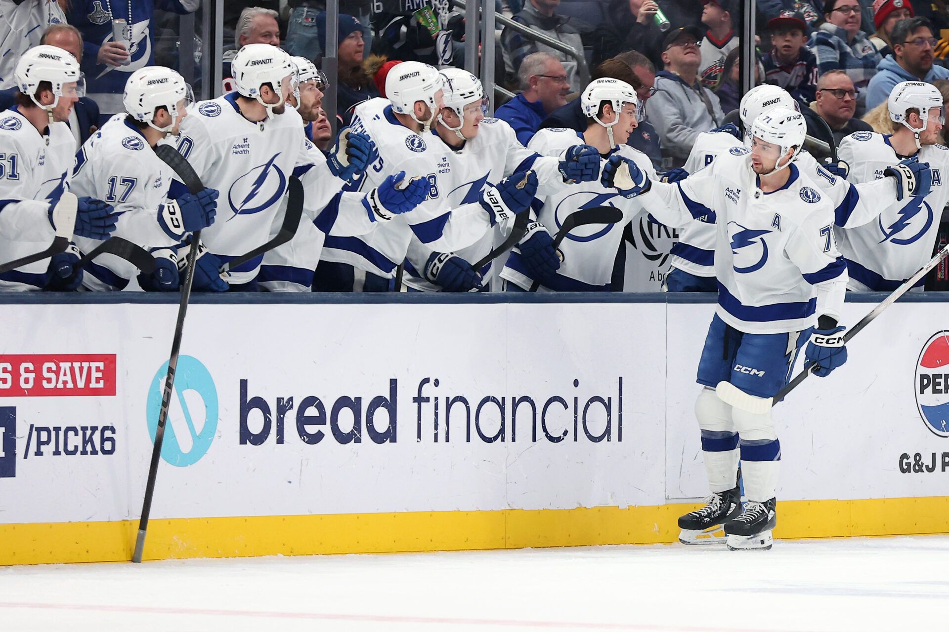 Tampa Bay Lightning center Anthony Cirelli (71) celebrates his goal during the second period against the Columbus Blue Jackets at Nationwide Arena.