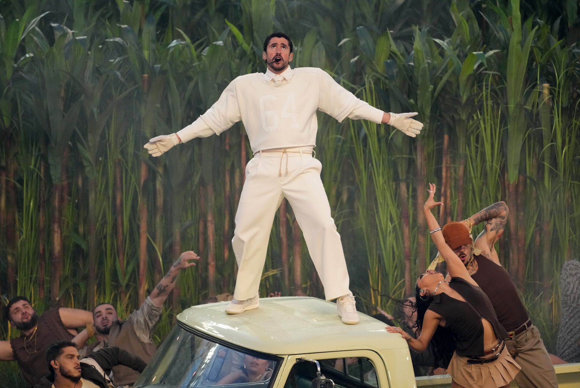 Recording artist Bad Bunny performs at halftime in Super Bowl LX between the New England Patriots and the Seattle Seahawks at Levi's Stadium.