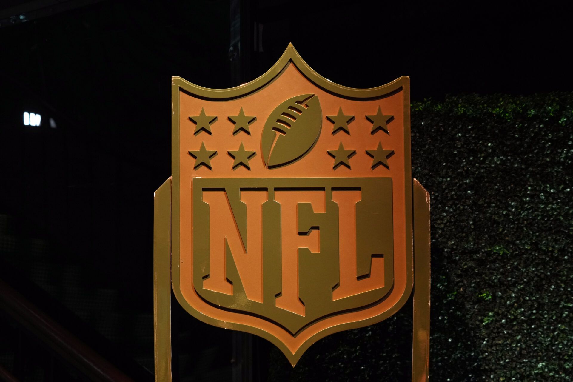A NFL shield logo at the NFL Honors Red Carpet before Super Bowl LX at Palace of Fine Arts.