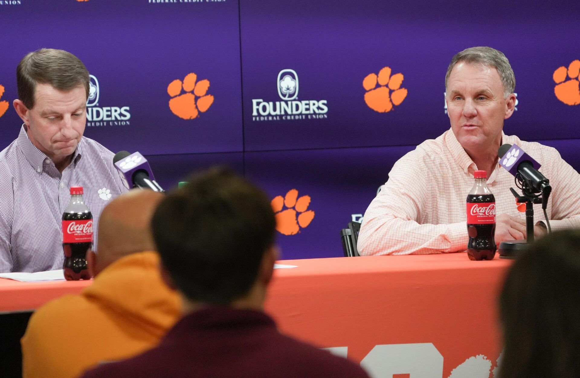 Clemson Head Coach Dabo Swinney, left, introduces Chad Morris as football Offensive Coordinator for during a press conference in the Smart Family Media Center in Clemson, SC, Friday, Jan 23 2026.