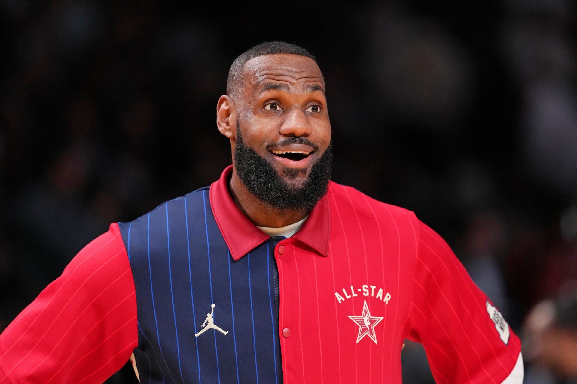Western Conference forward LeBron James (23) of the Los Angeles Lakers reacts before the 73rd NBA All Star game at Gainbridge Fieldhouse.