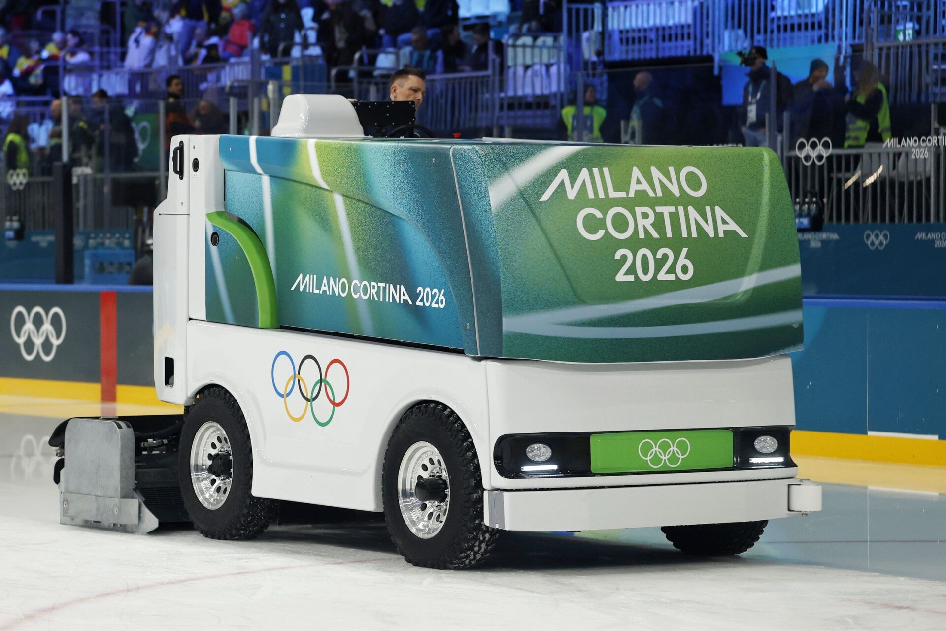 A Zamboni resurfaces the rink before a women's ice hockey Group B game between Team Sweden and Team Germany during the Milano Cortina 2026 Olympic Winter Games at Milano Rho Ice Hockey Arena.