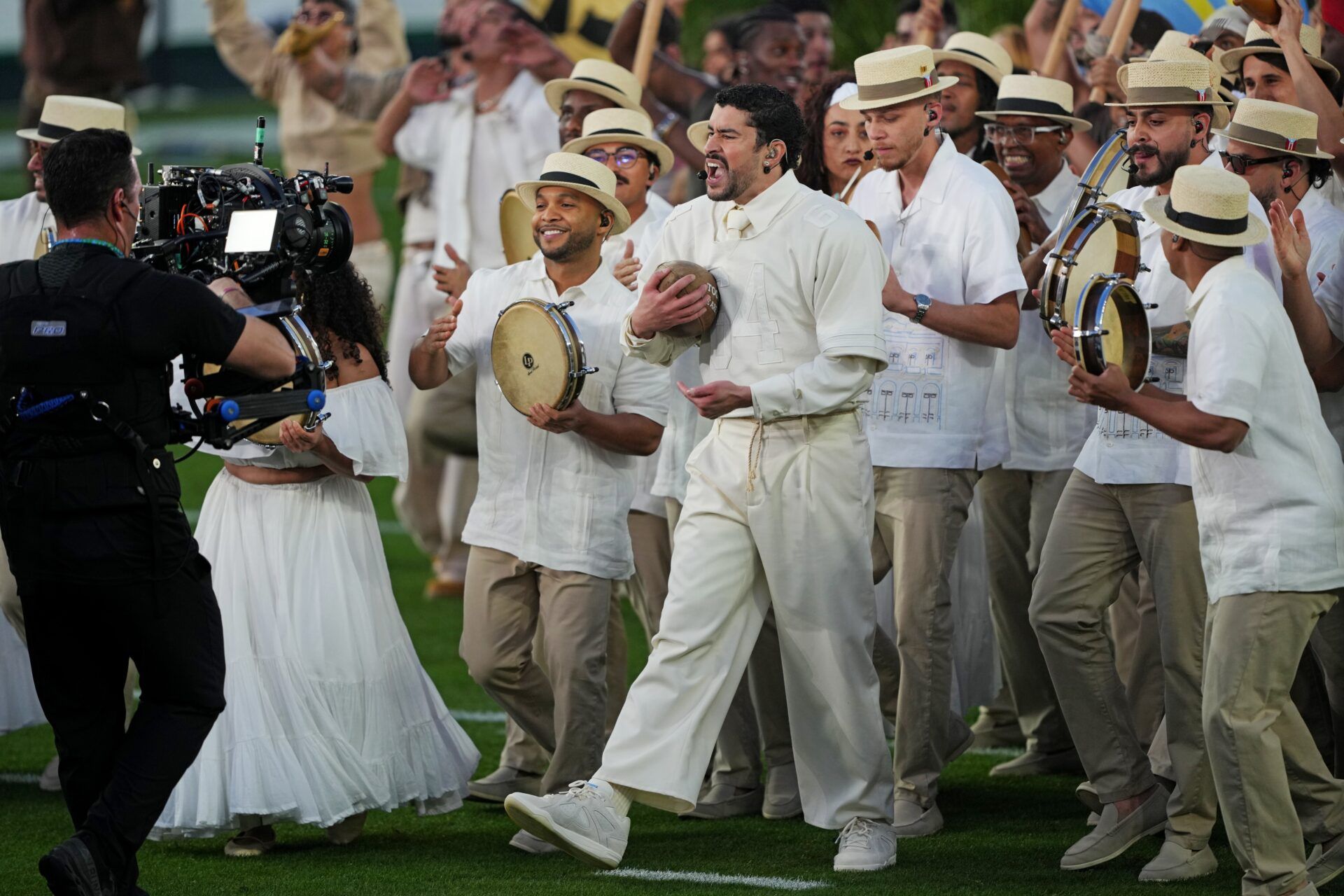 Bad Bunny performs during the Half Time show in Super Bowl LX at Levi's Stadium.