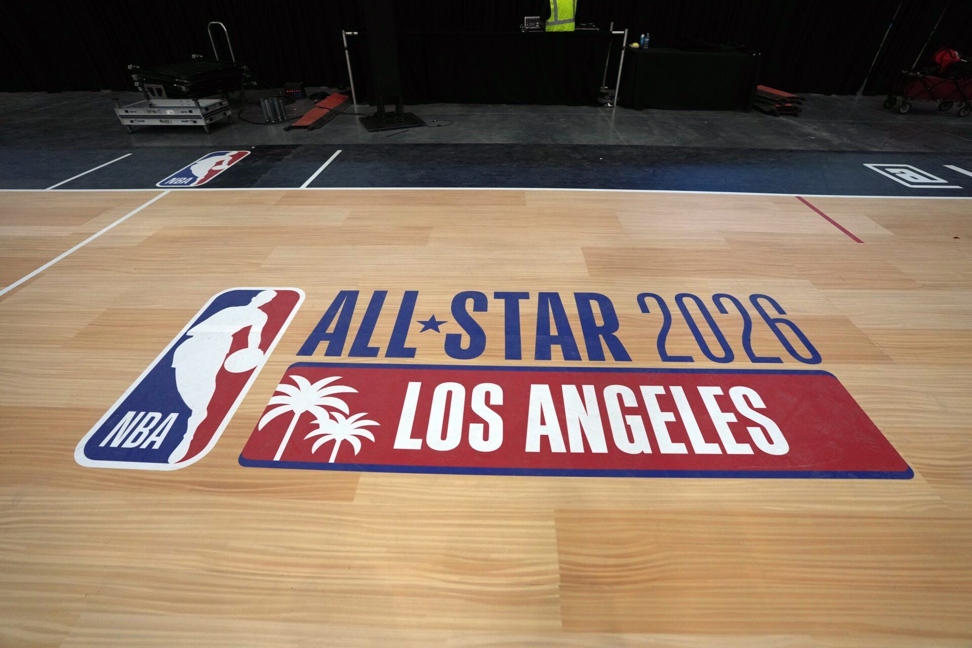 The 2026 NBA All-Star Game logo is displayed at a press conference at the Intuit Dome.