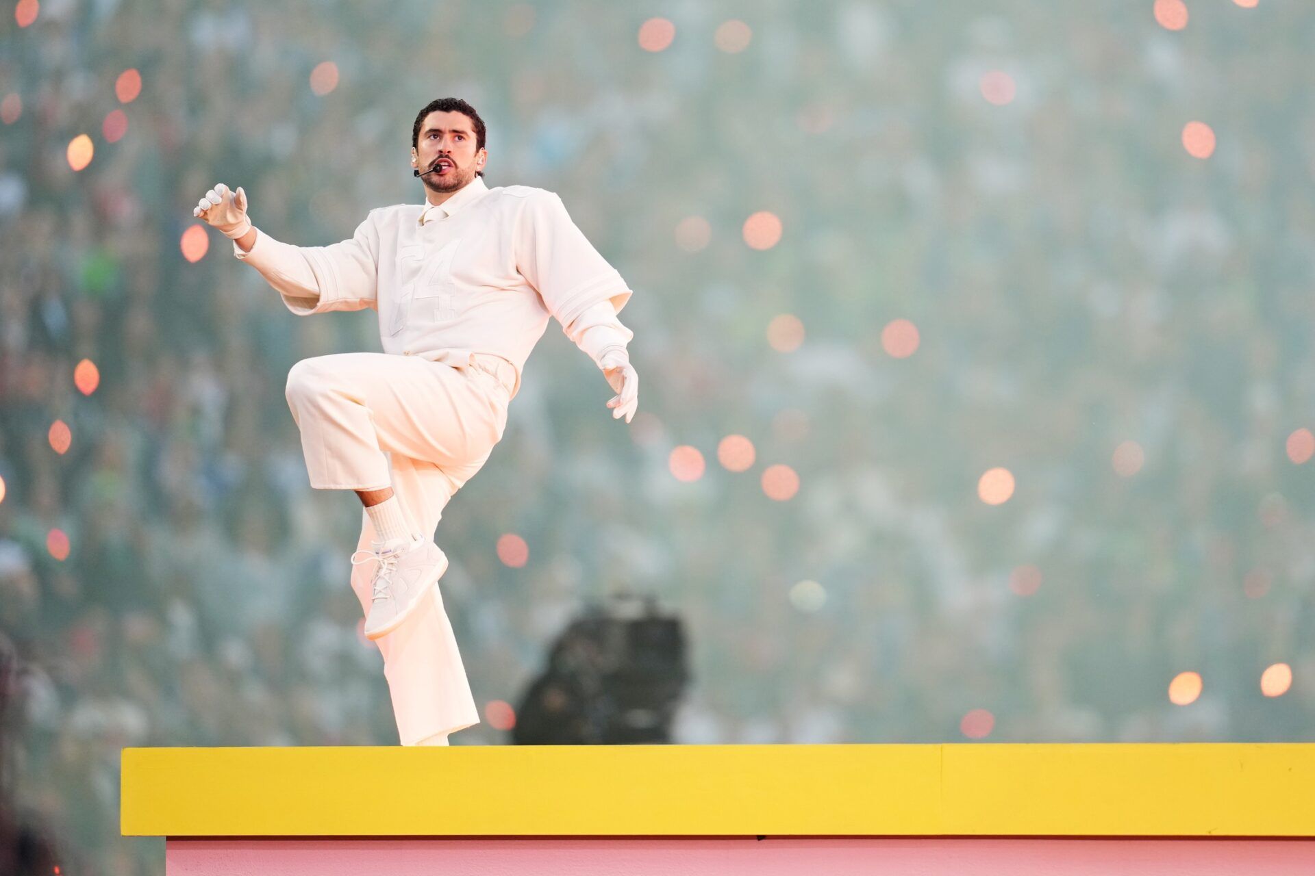 Bad Bunny performs during the half time show at the game between New England Patriots and Seattle Seahawks in Super Bowl LX at Levi's Stadium.