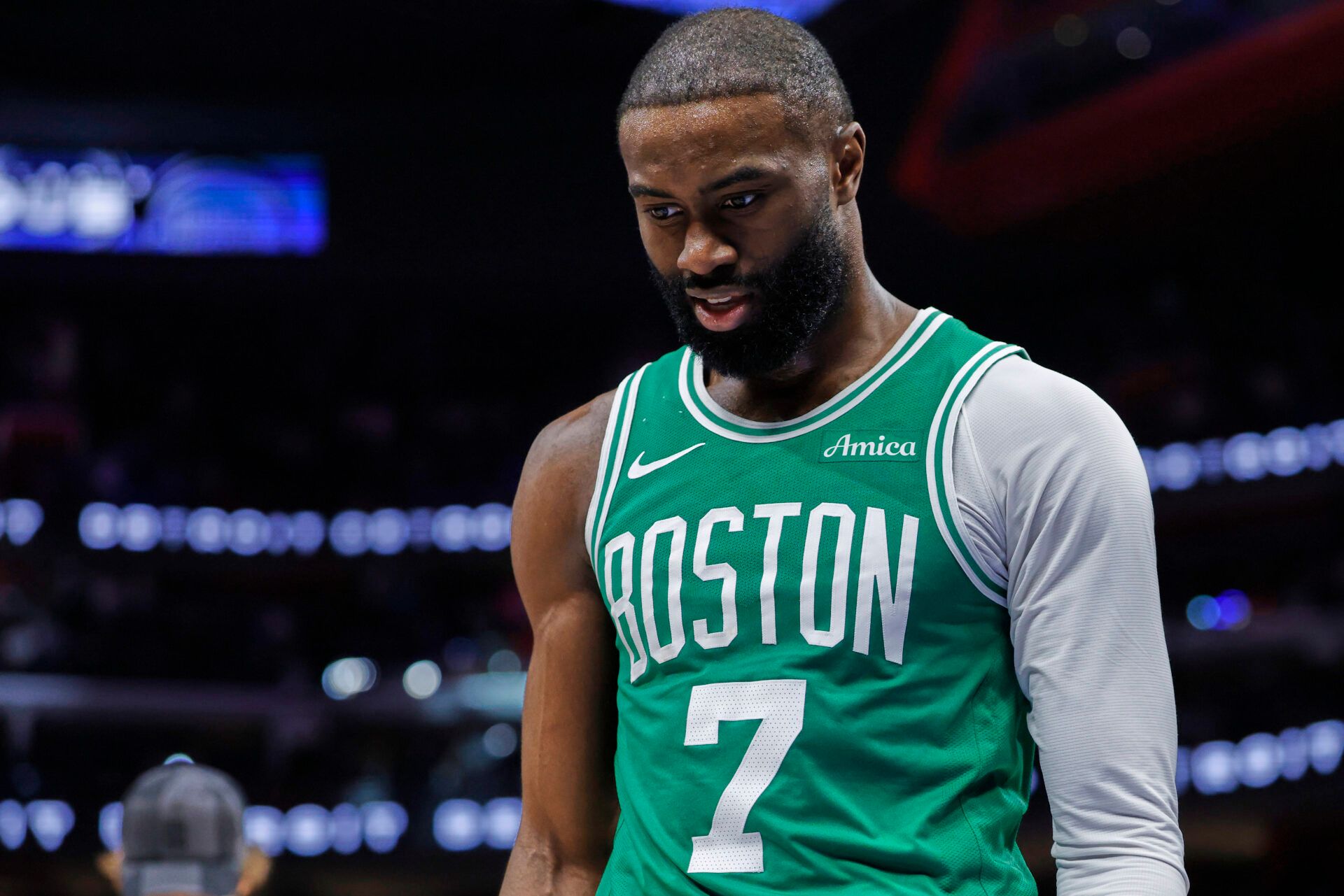 Boston Celtics guard Jaylen Brown (7) leaves the court after the game against the Detroit Pistons at Little Caesars Arena.