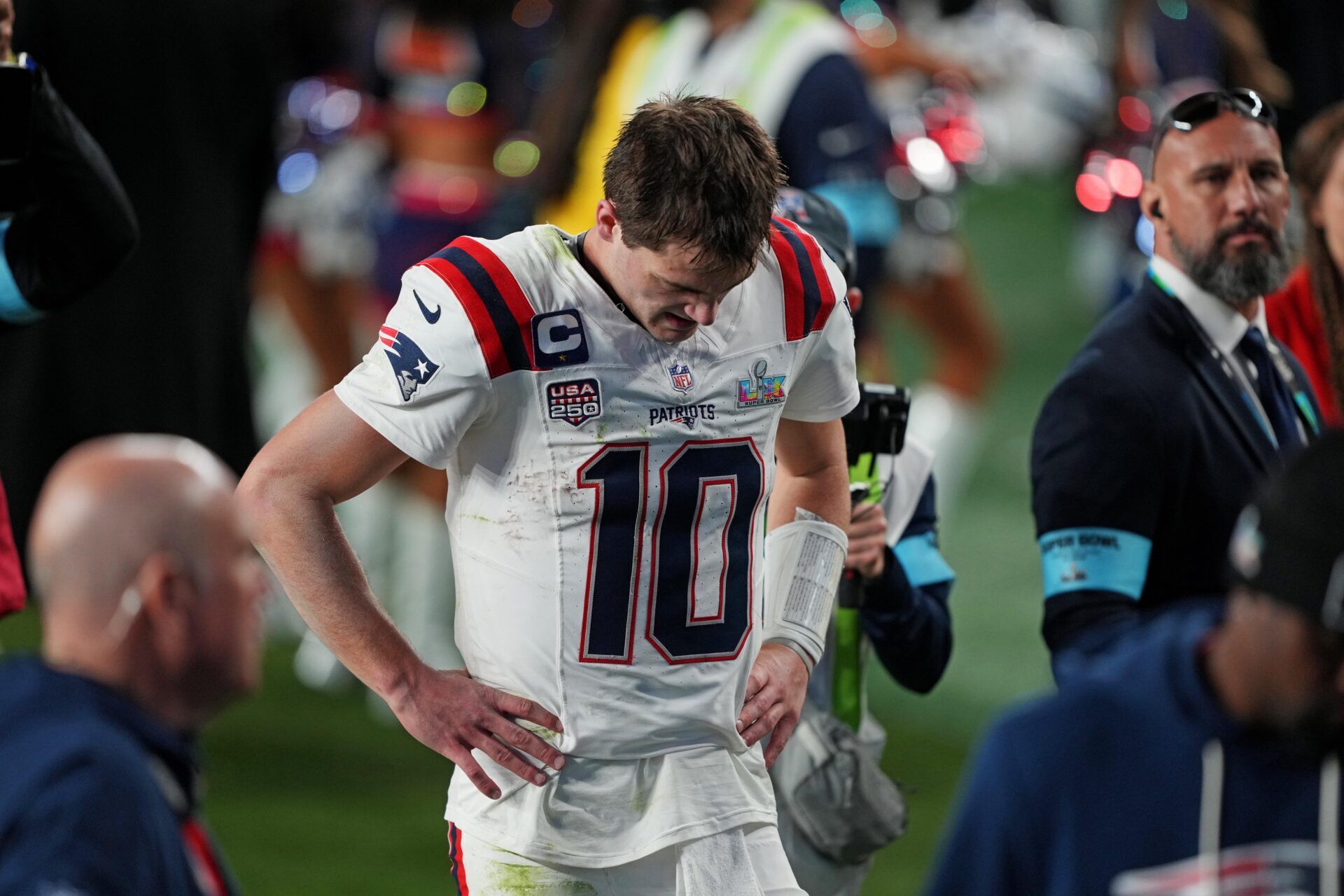 New England Patriots quarterback Drake Maye (10) exits the field after the loss against the Seattle Seahawks in Super Bowl LX at Levi's Stadium.