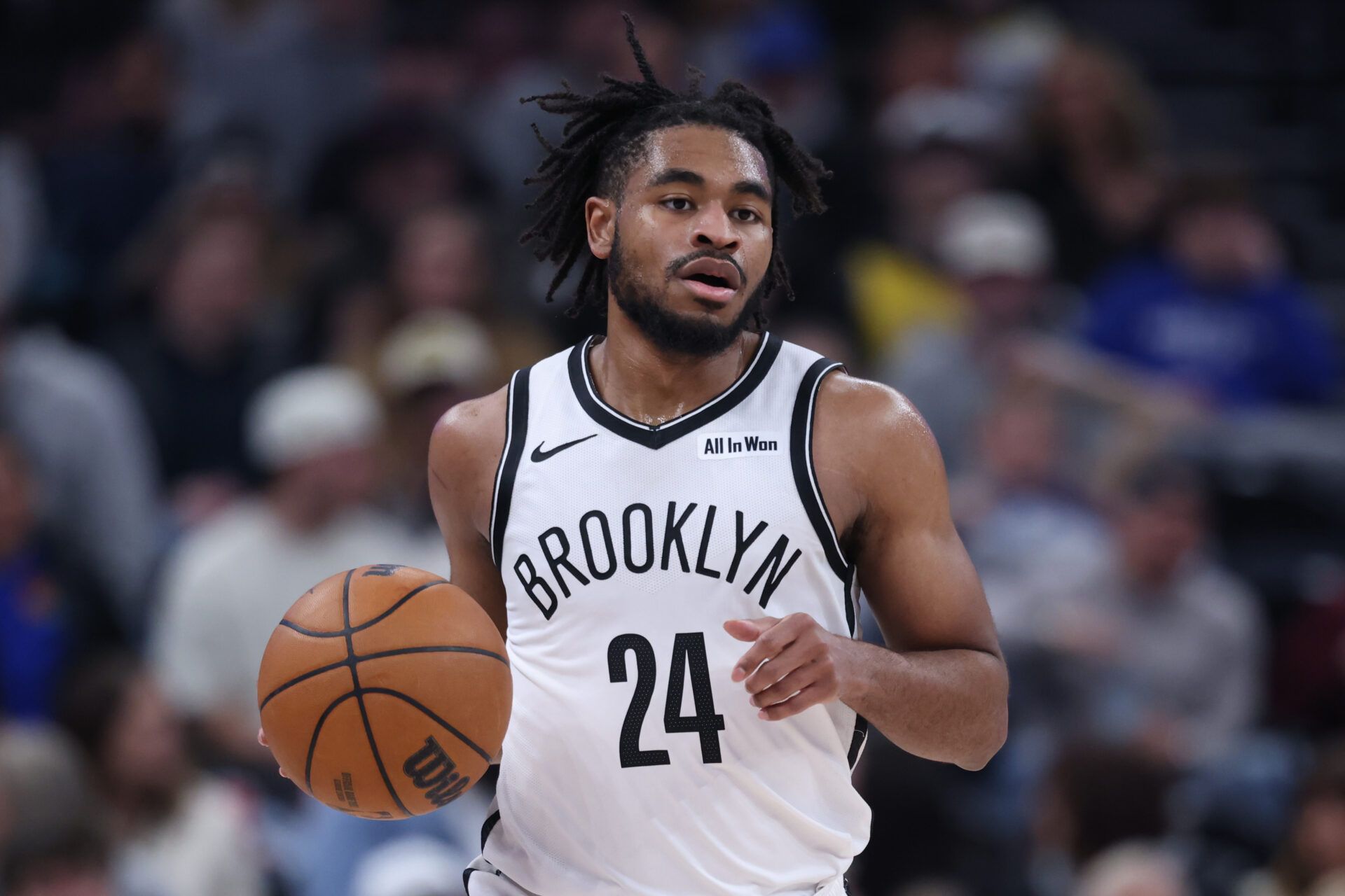 Brooklyn Nets guard Cam Thomas (24) dribbles against the Utah Jazz during the first half at Delta Center.