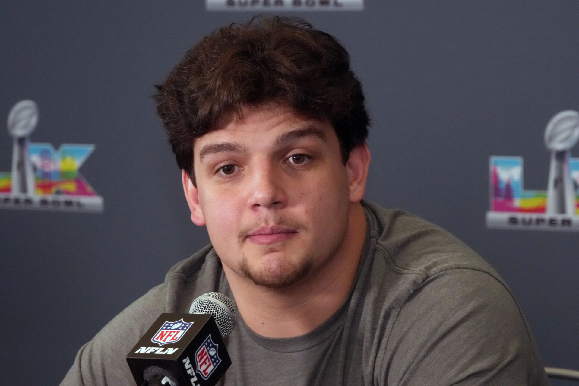 New England Patriots offensive tackle Will Campbell speaks to the media during Super Bowl LX press conference at Santa Clara Marriott.
