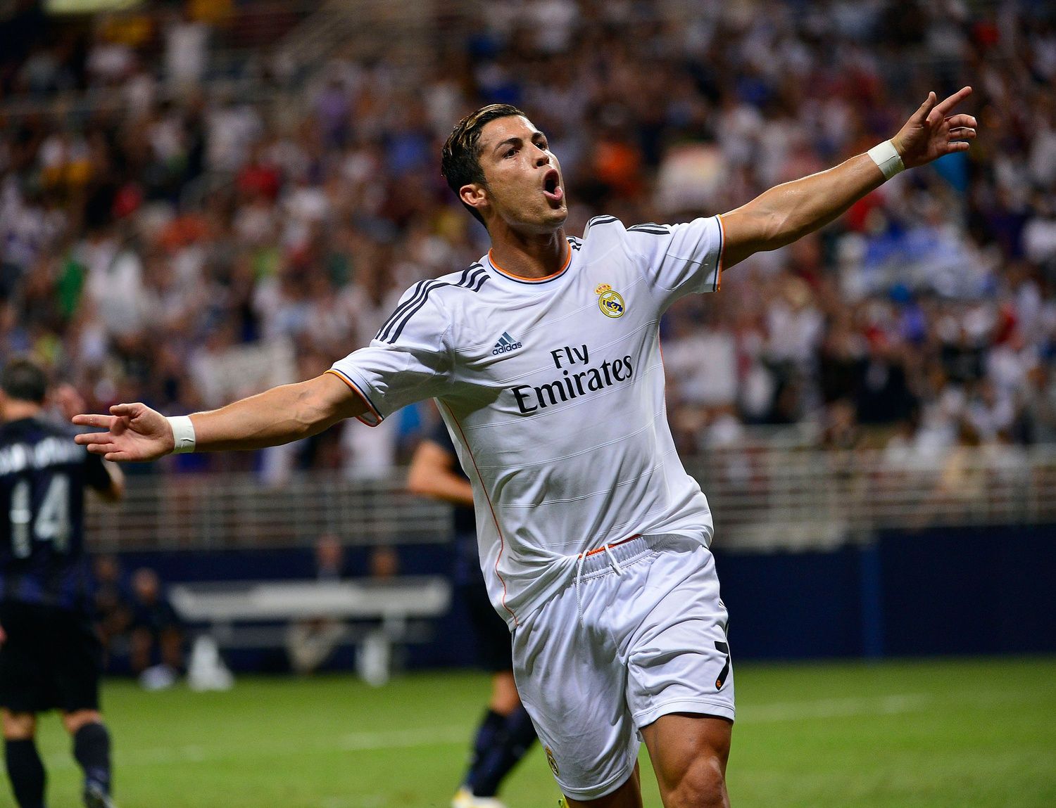 Real Madrid forward Cristiano Ronaldo (7) celebrates his goal against Inter Milan. Real Madrid defeated Inter Milan 3-0.
