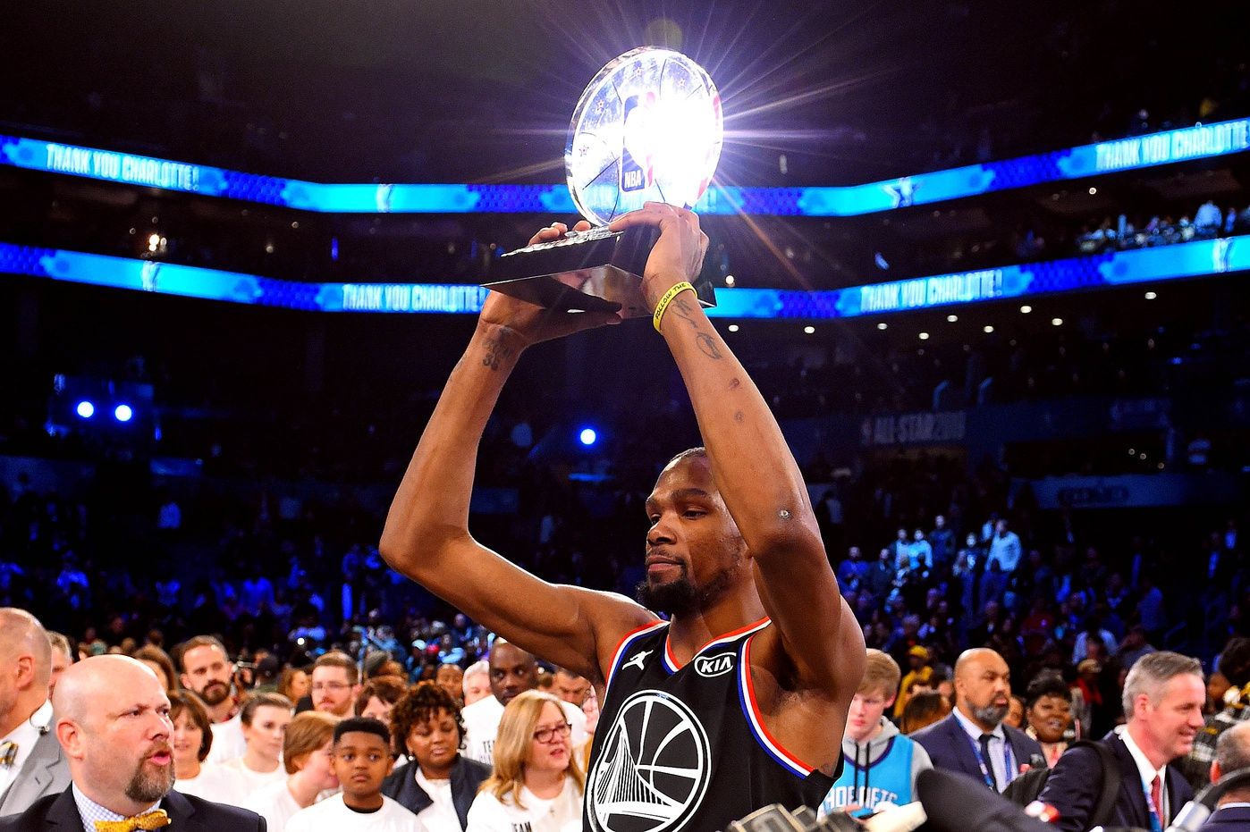 Team Lebron forward Kevin Durant of the Golden State Warrior (35) celebrates winning the MVP after the 2019 NBA All-Star Game at Spectrum Center.