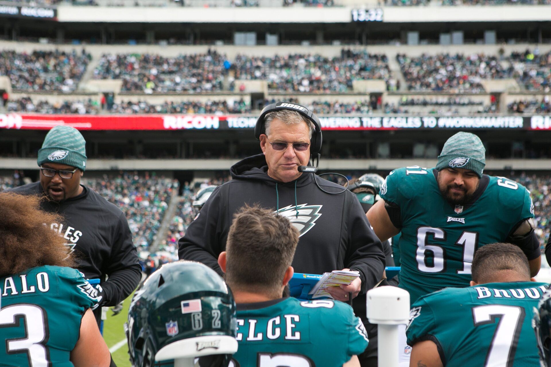 Eagles Offensive Line and Run Game Coordinator Jeff Stoutland speaks to the offensive line Sunday against the Panthers. 

Sports Eagles Panthers