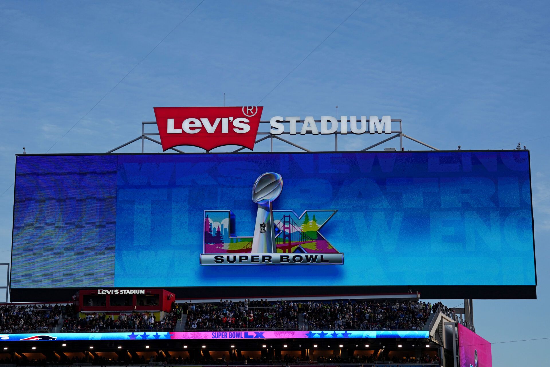 The Super Bowl LX logo is shown during the game in Super Bowl LX at Levi's Stadium.
