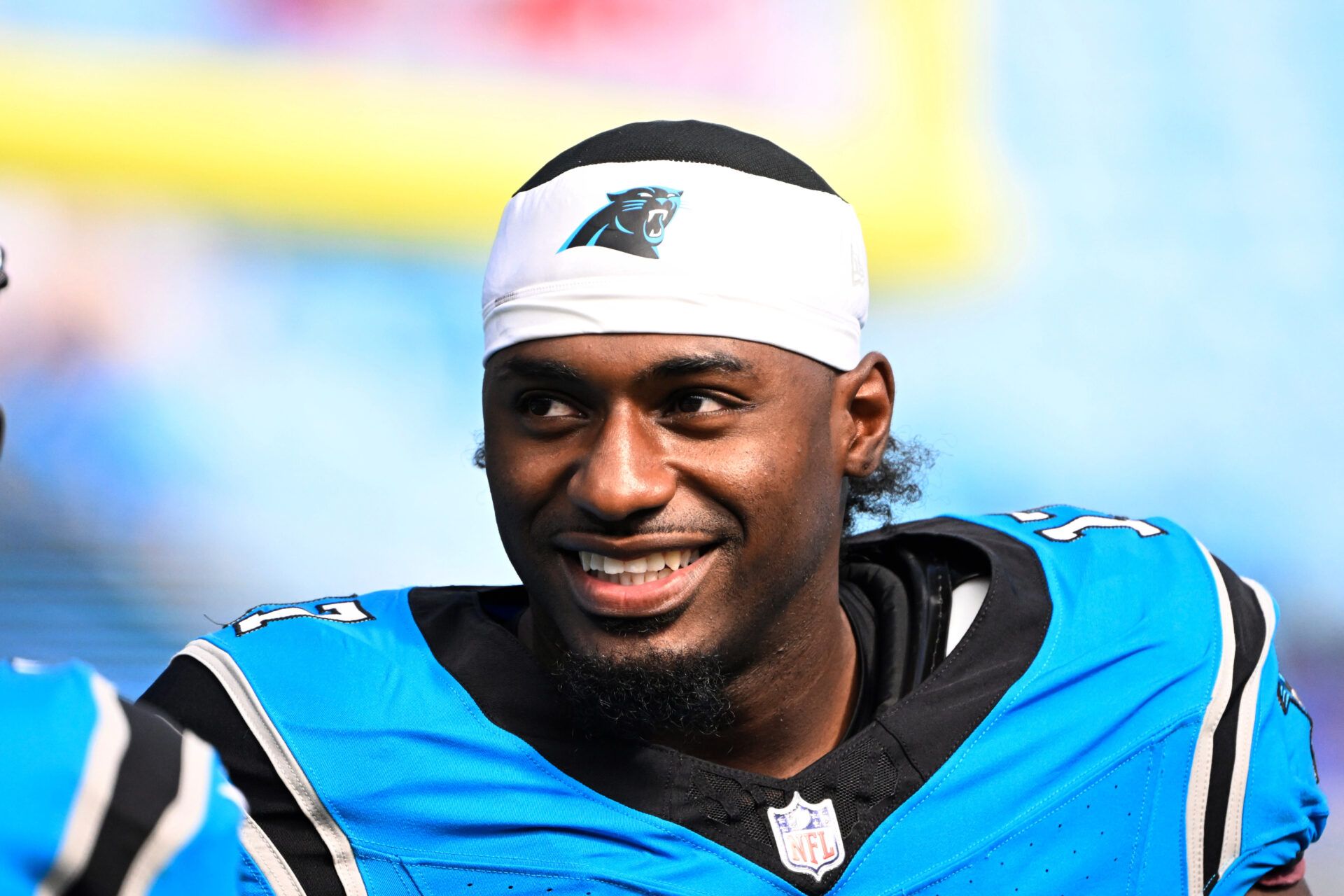 Carolina Panthers wide receiver Xavier Legette (17) on the field before a game against the Buffalo Bills at Bank of America Stadium.